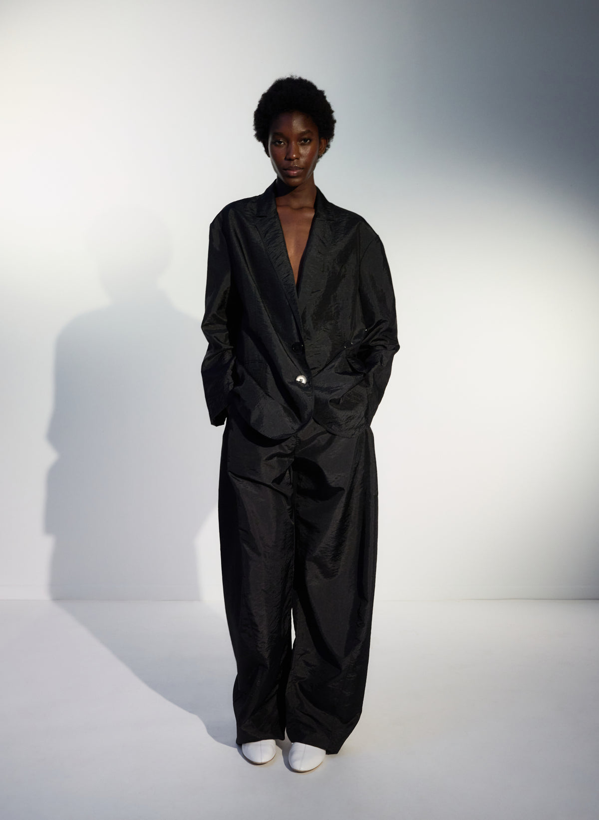Black Crispy Nylon Winslow Pant - editorial image on model