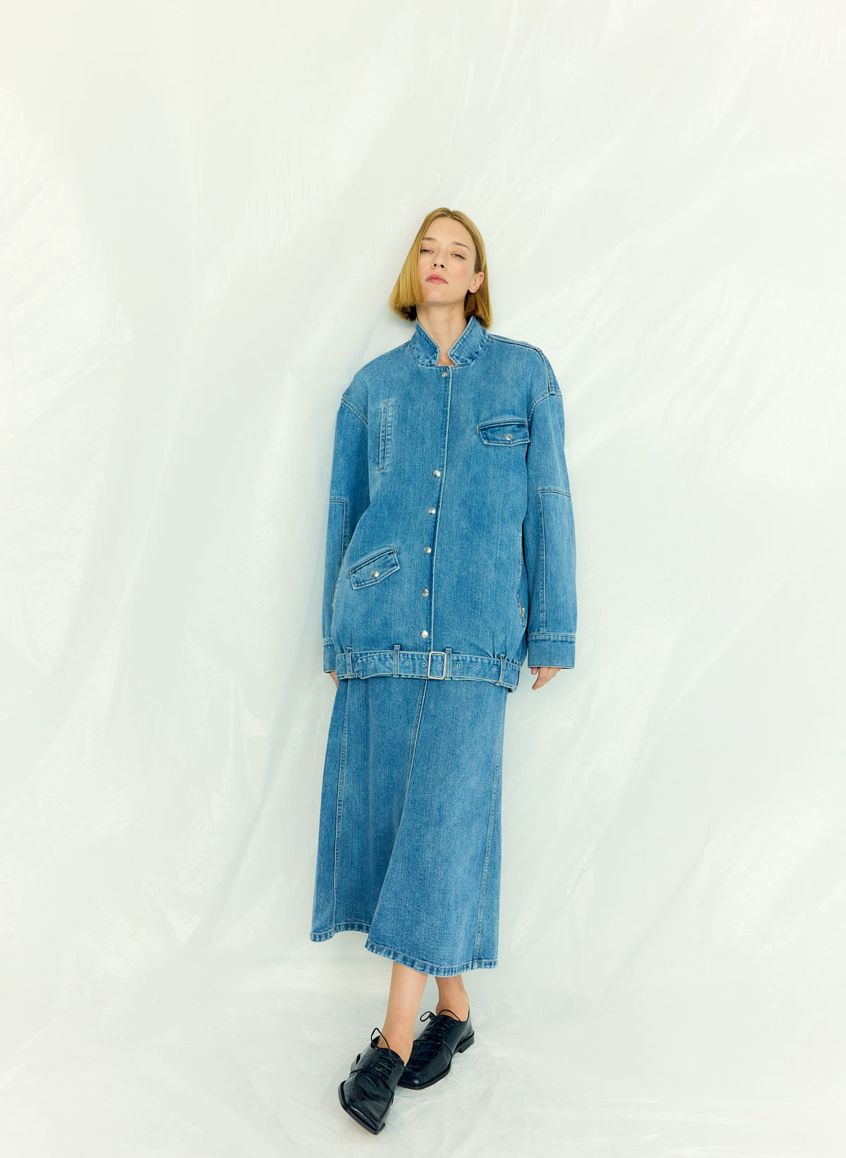 Classic Blue Denim Sculpted Silke Skirt - editorial campaign on model