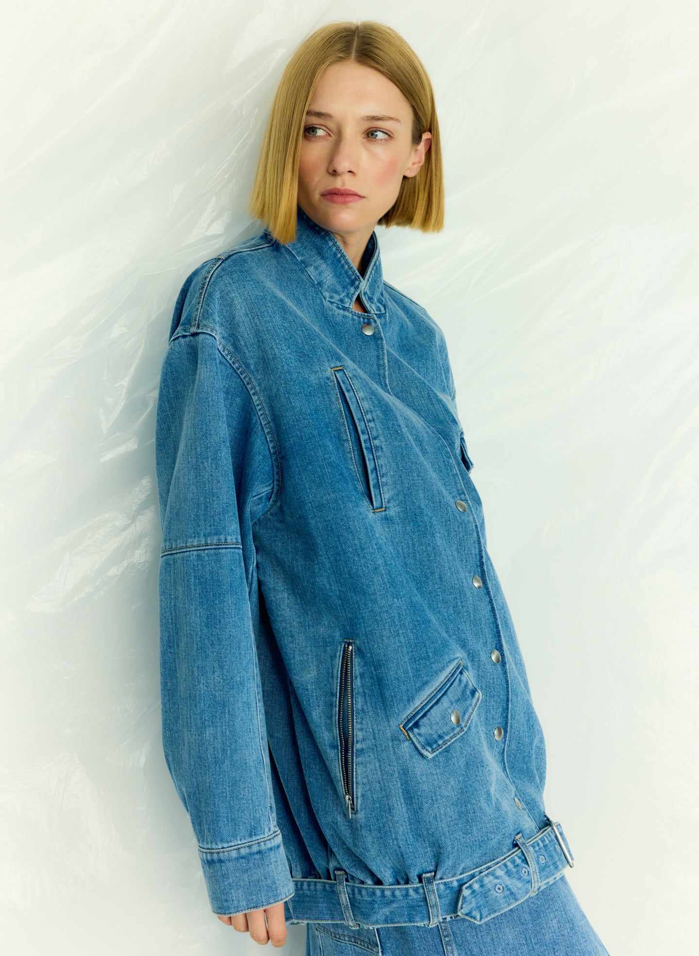 Classic Blue Denim Moto Bomber - editorial campaign on model