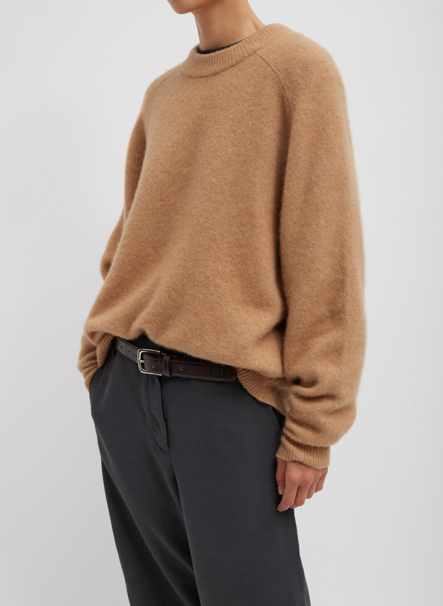 Camel Hair Knit Crewneck Oversized Pullover - Camel-1