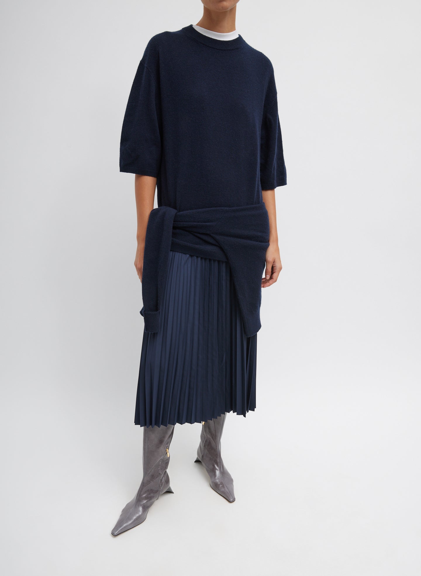 Navy Nylon Pleating Sunray Pull On Skirt - midi skirt, front view on model