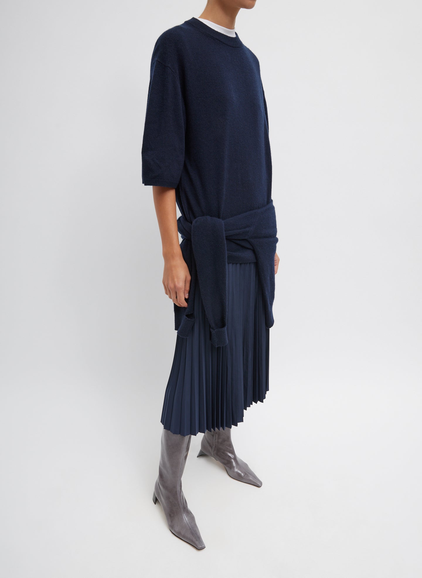 Navy Nylon Pleating Sunray Pull On Skirt - midi skirt, side view on model