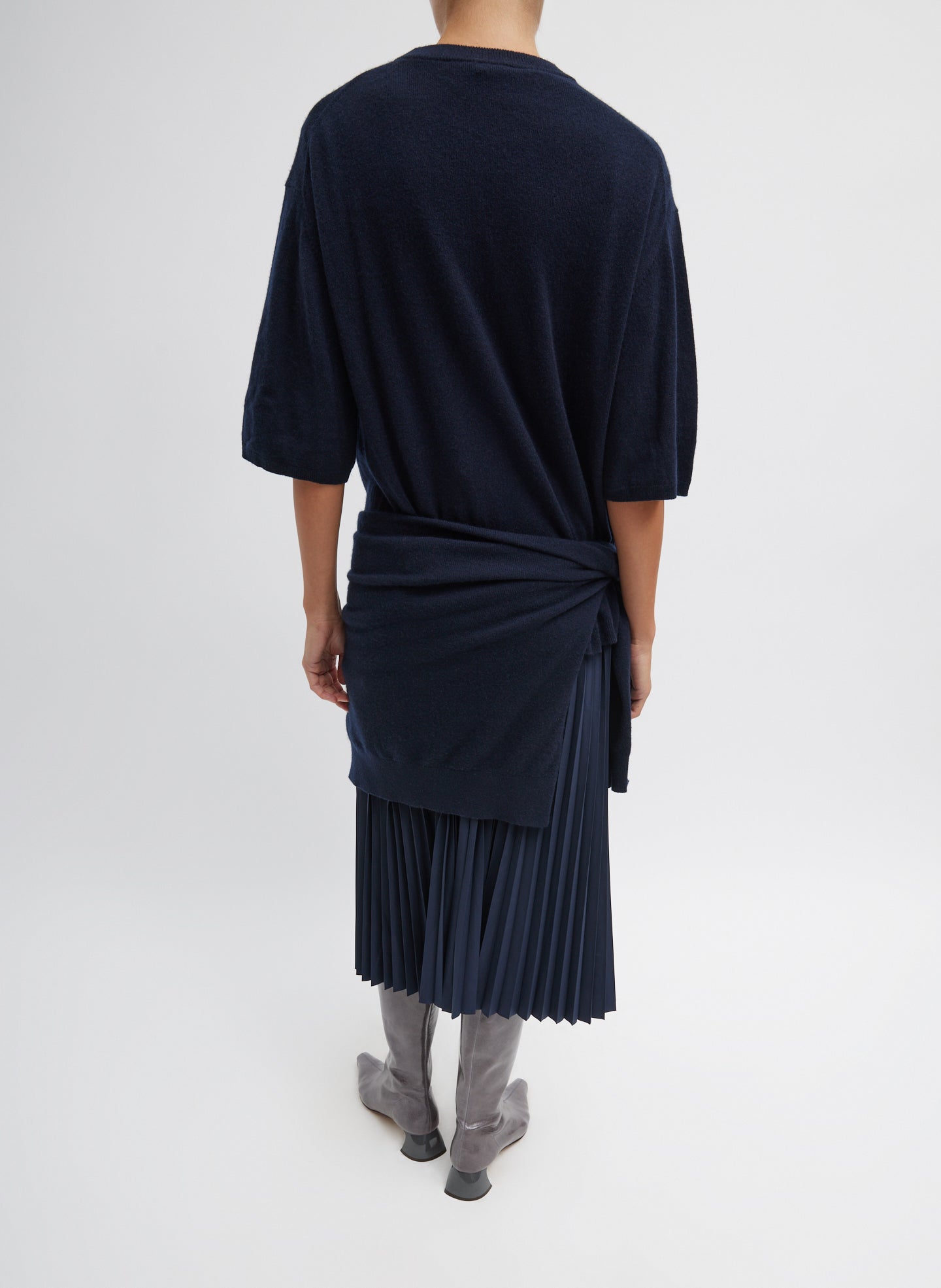 Navy Nylon Pleating Sunray Pull On Skirt - midi skirt, back view on model