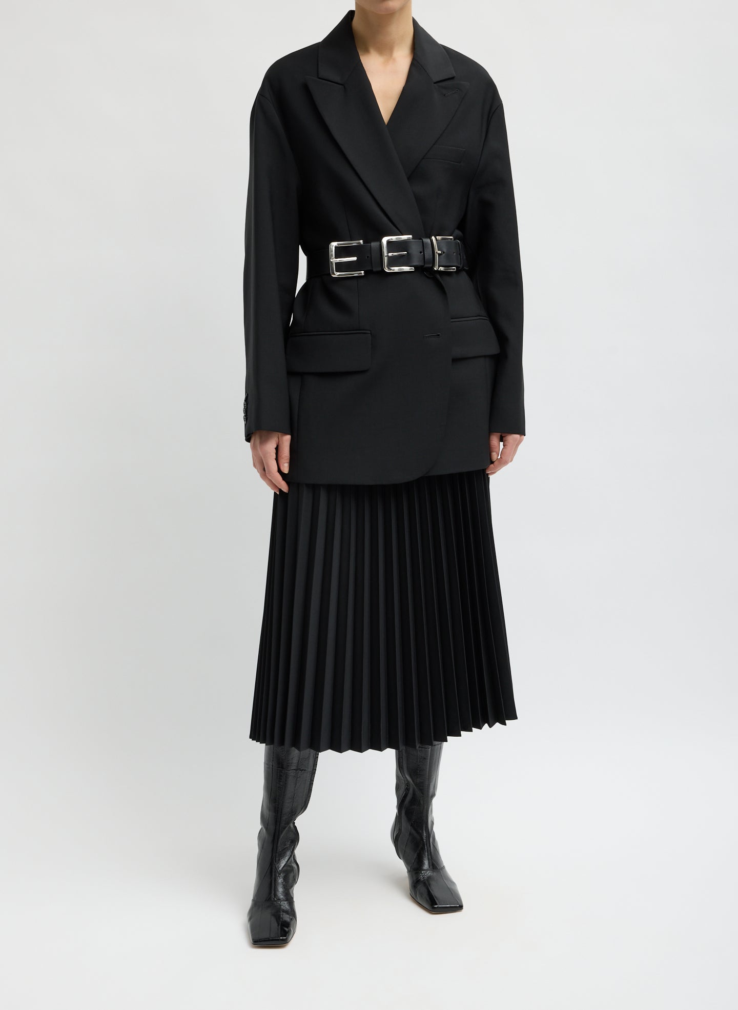 Black Triple Buckle Arthur Leather Belt on Model
