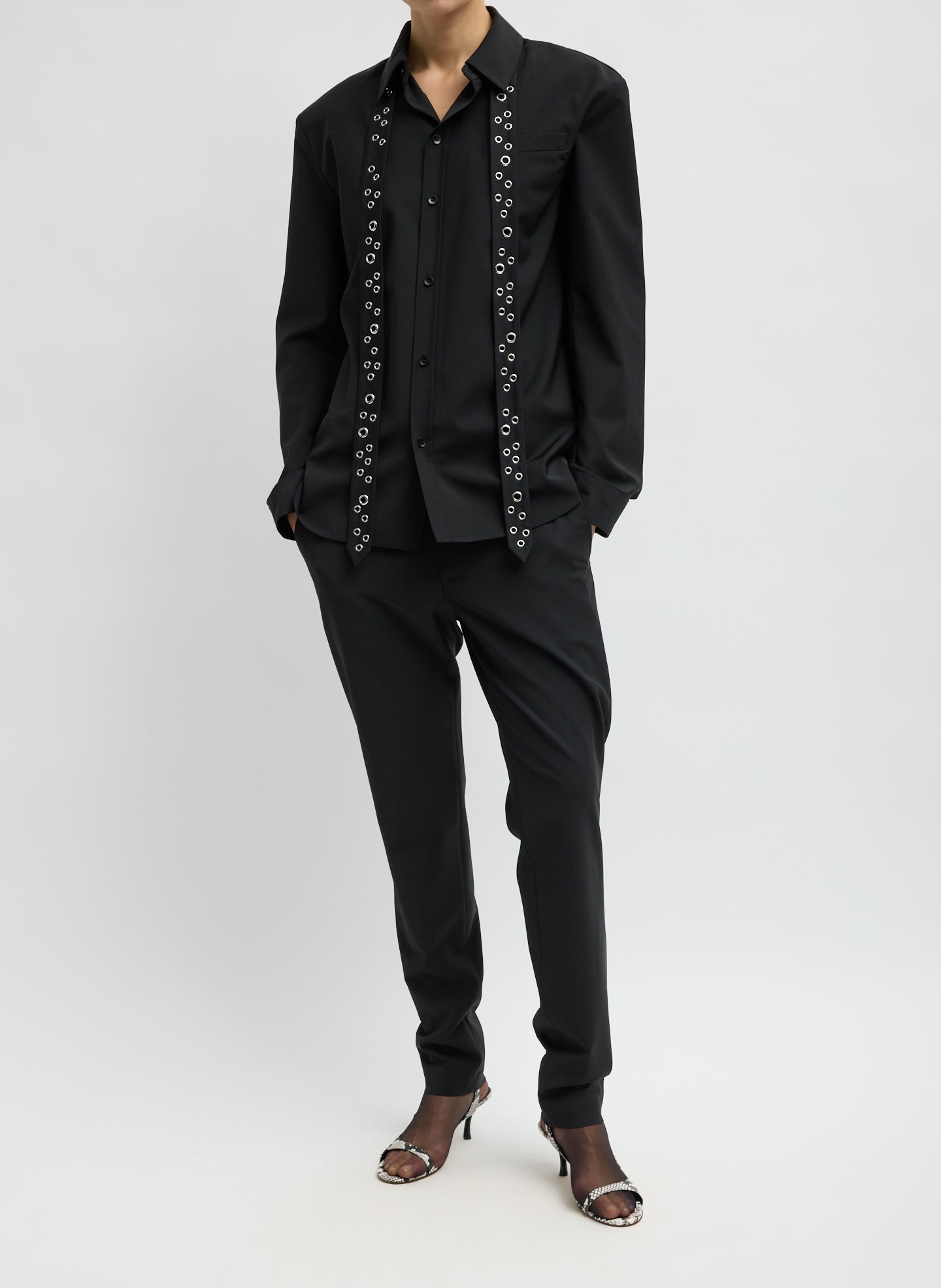 Black Recycled Tropical Wool Grommet Tie on model