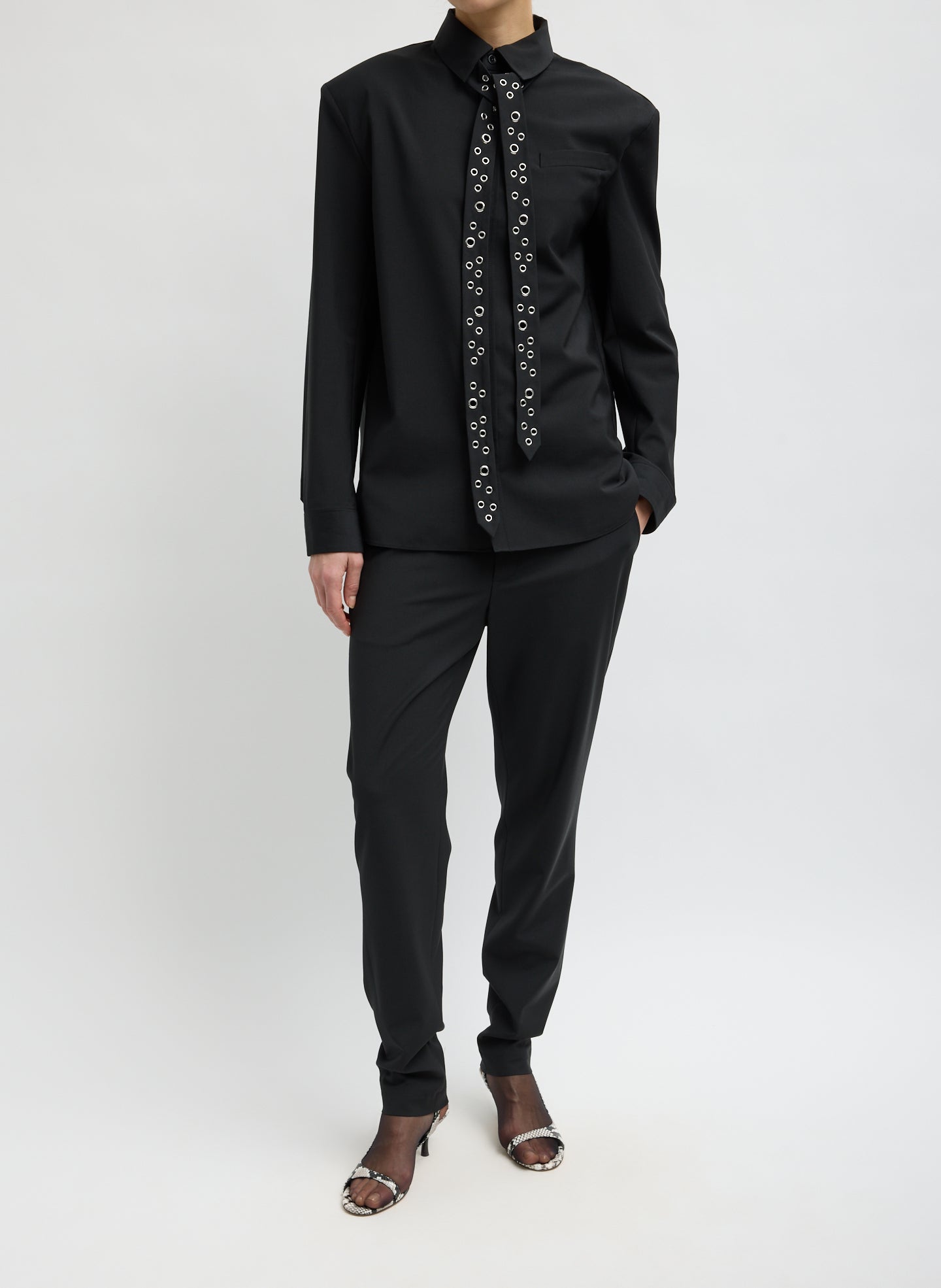 Black Recycled Tropical Wool Grommet Tie on model