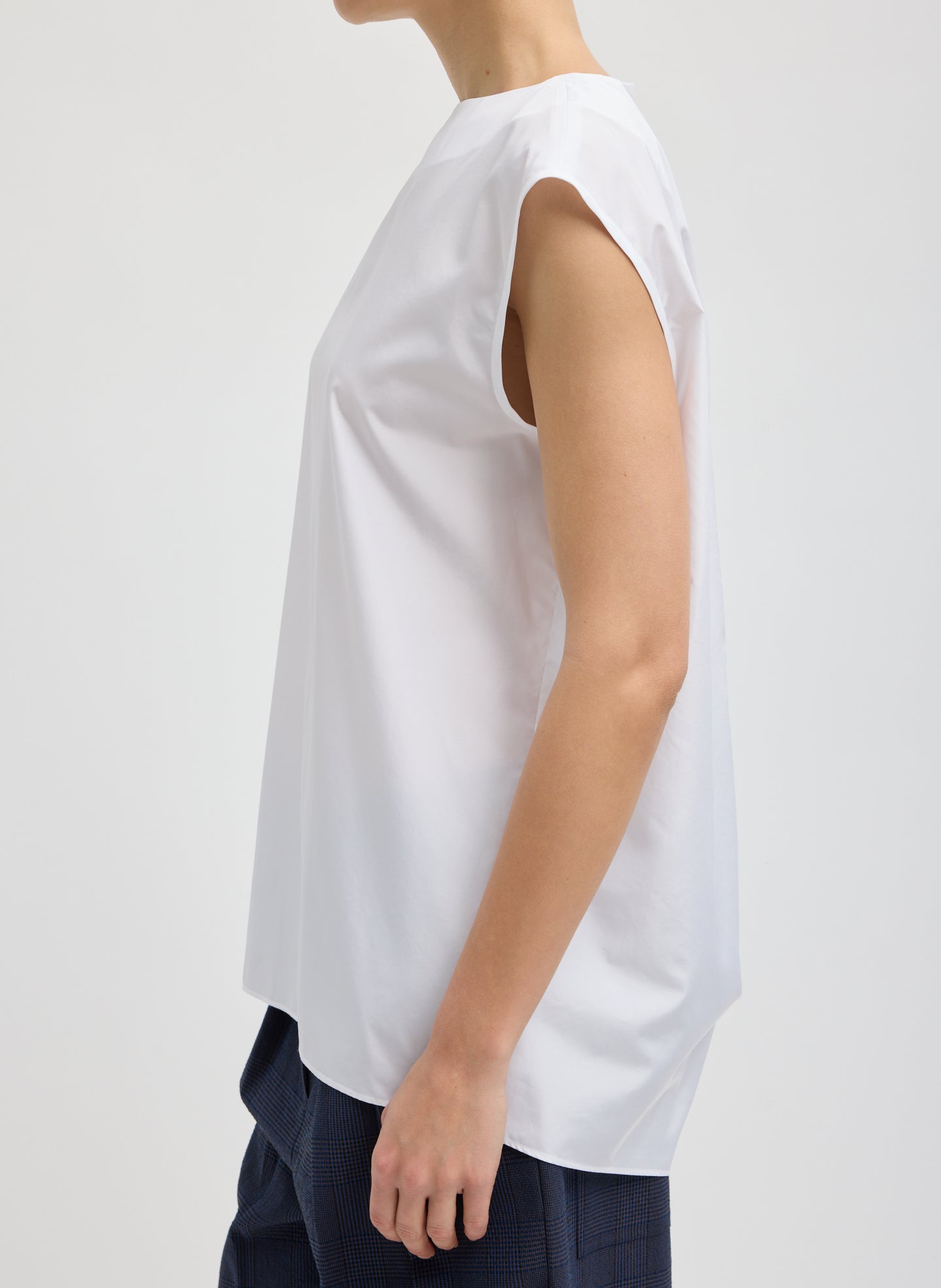 White Summer Nylon Sleeveless Cocoon Top - side view on model