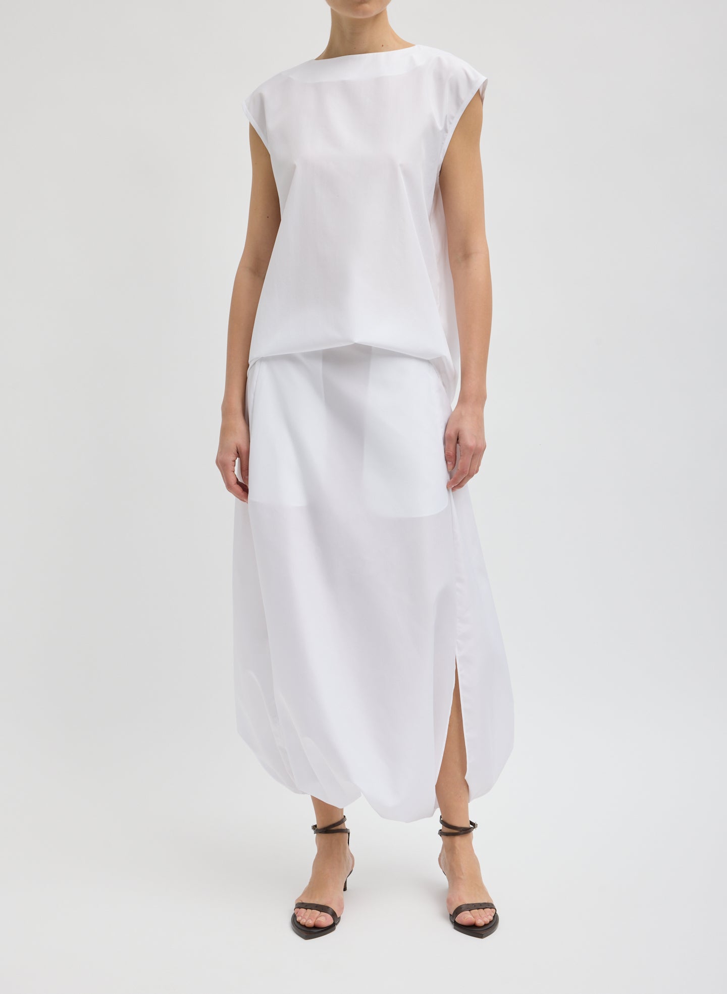White Summer Nylon Sleeveless Cocoon Top - full look, front view on model