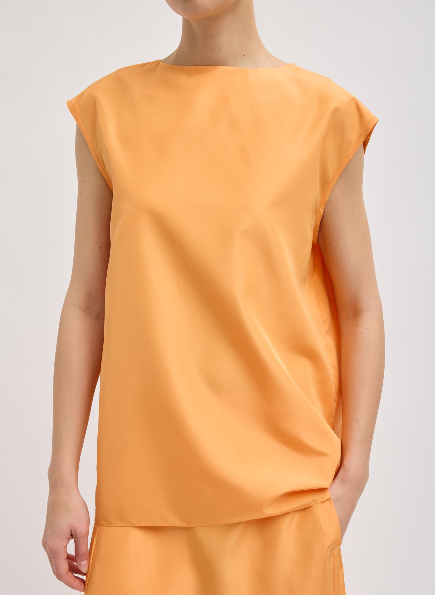 Orange Summer Nylon Sleeveless Cocoon Top - front view on model