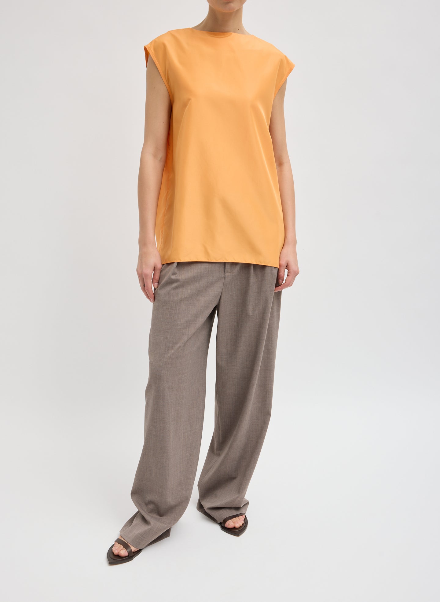 Orange Summer Nylon Sleeveless Cocoon Top - full look, front view on model