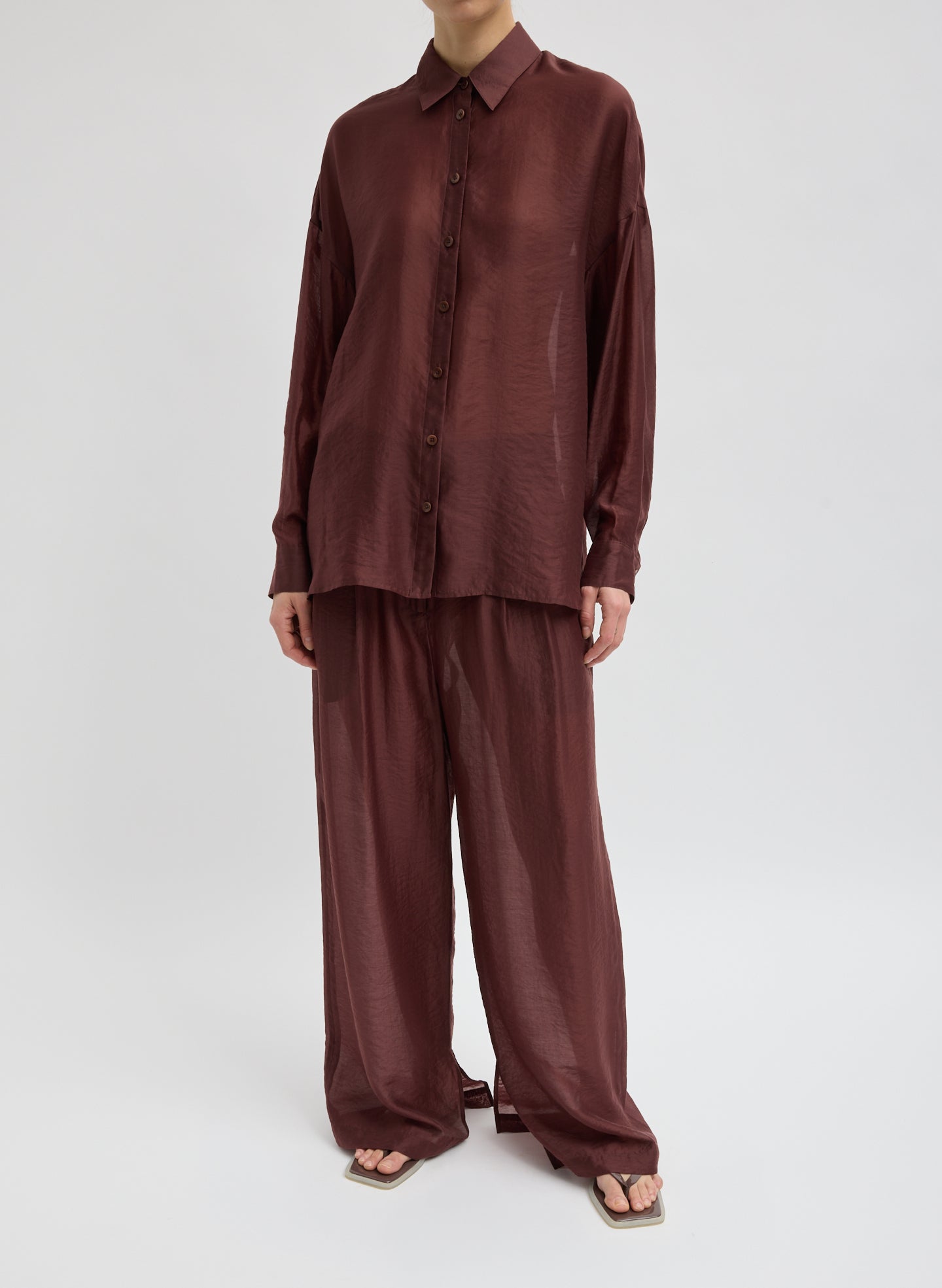 Russet Brown Summer Voile Oversized Shirt - full look, front view on model