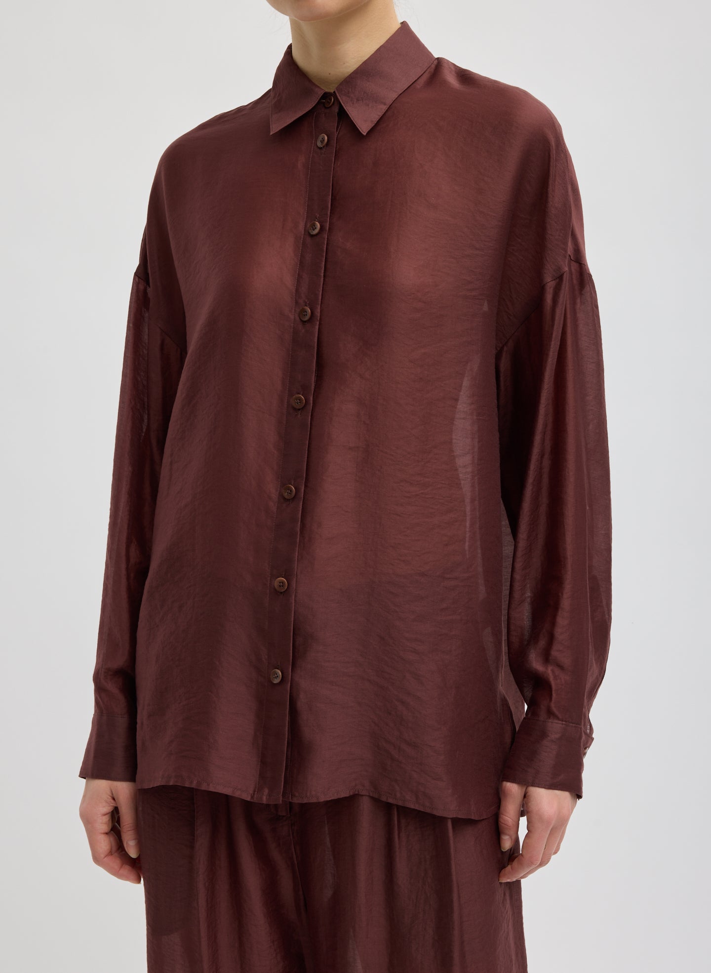 Russet Brown Summer Voile Oversized Shirt - burgundy button down, front view on model