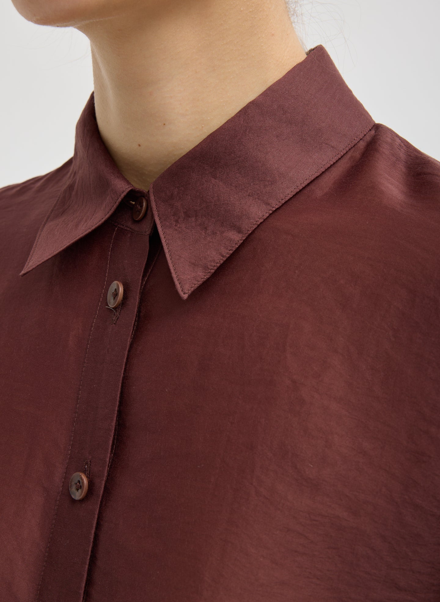 Russet Brown Summer Voile Oversized Shirt - closeup of collar detail