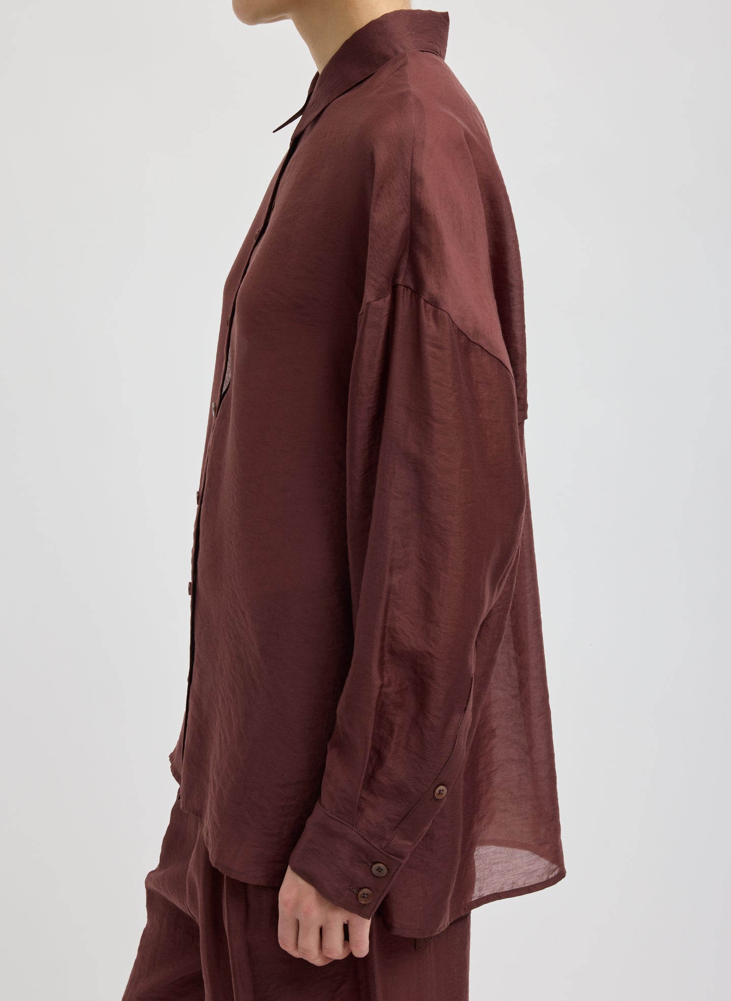 Russet Brown Summer Voile Oversized Shirt - burgundy button down, side view on model