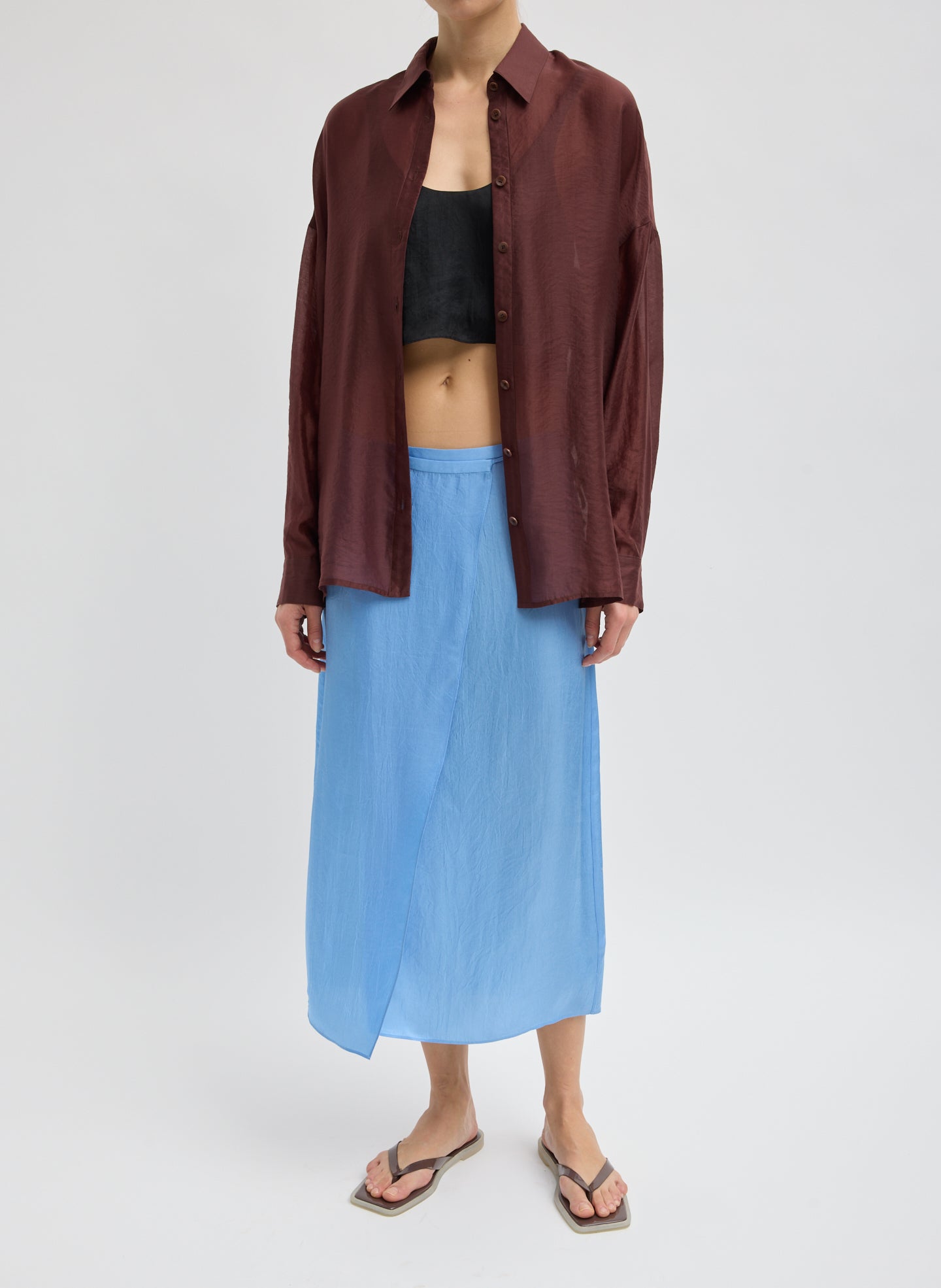 Russet Brown Summer Voile Oversized Shirt - full look, front view on model