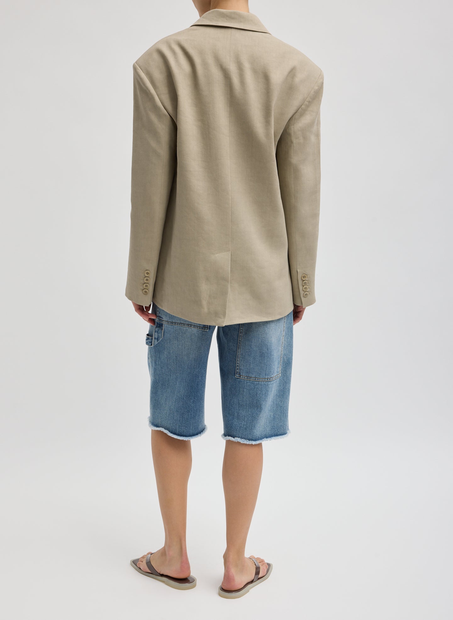 Sandstone Stretch Linen Viscose Side Cut Blazer - full look, back view on model