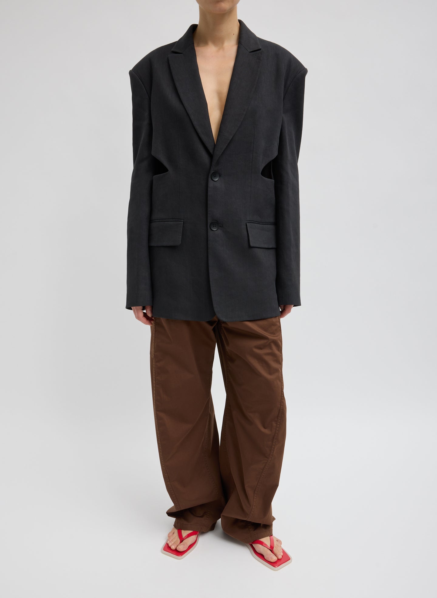 Black Stretch Linen Viscose Side Cut Blazer - full look, front view on model