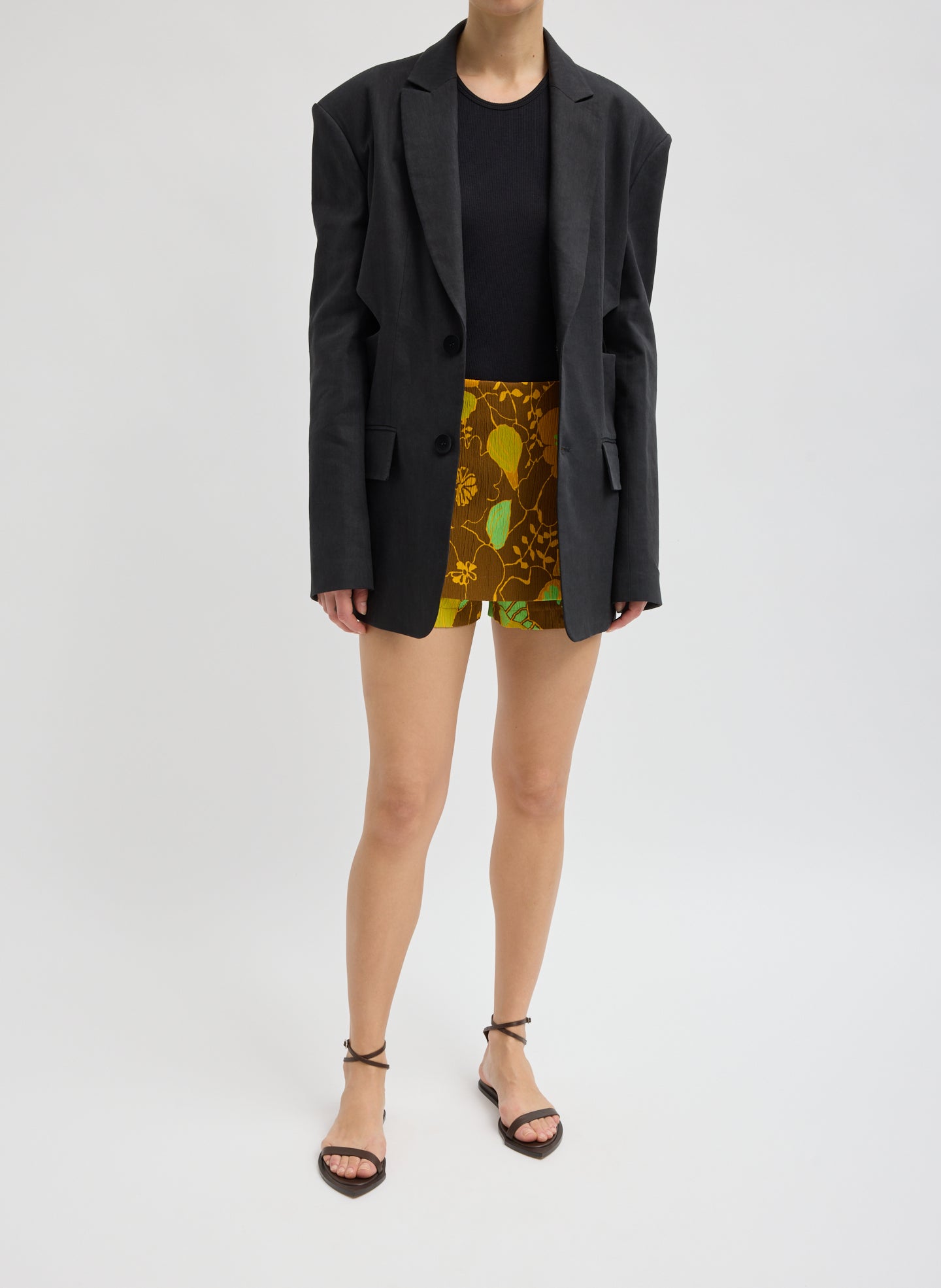 Black Stretch Linen Viscose Side Cut Blazer - full look, front view on model