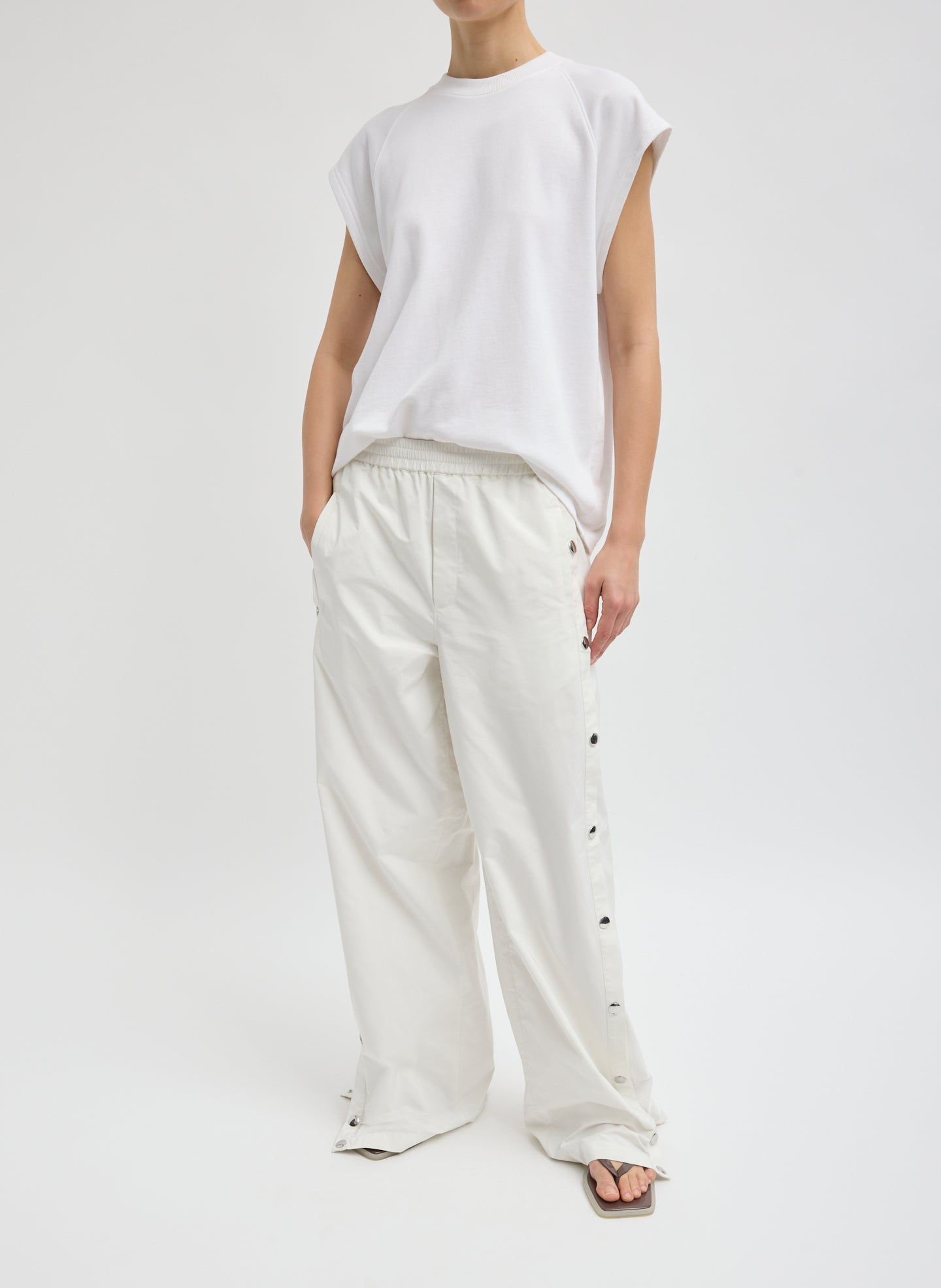 White Nylon Snap Jogger - full look, front view on model