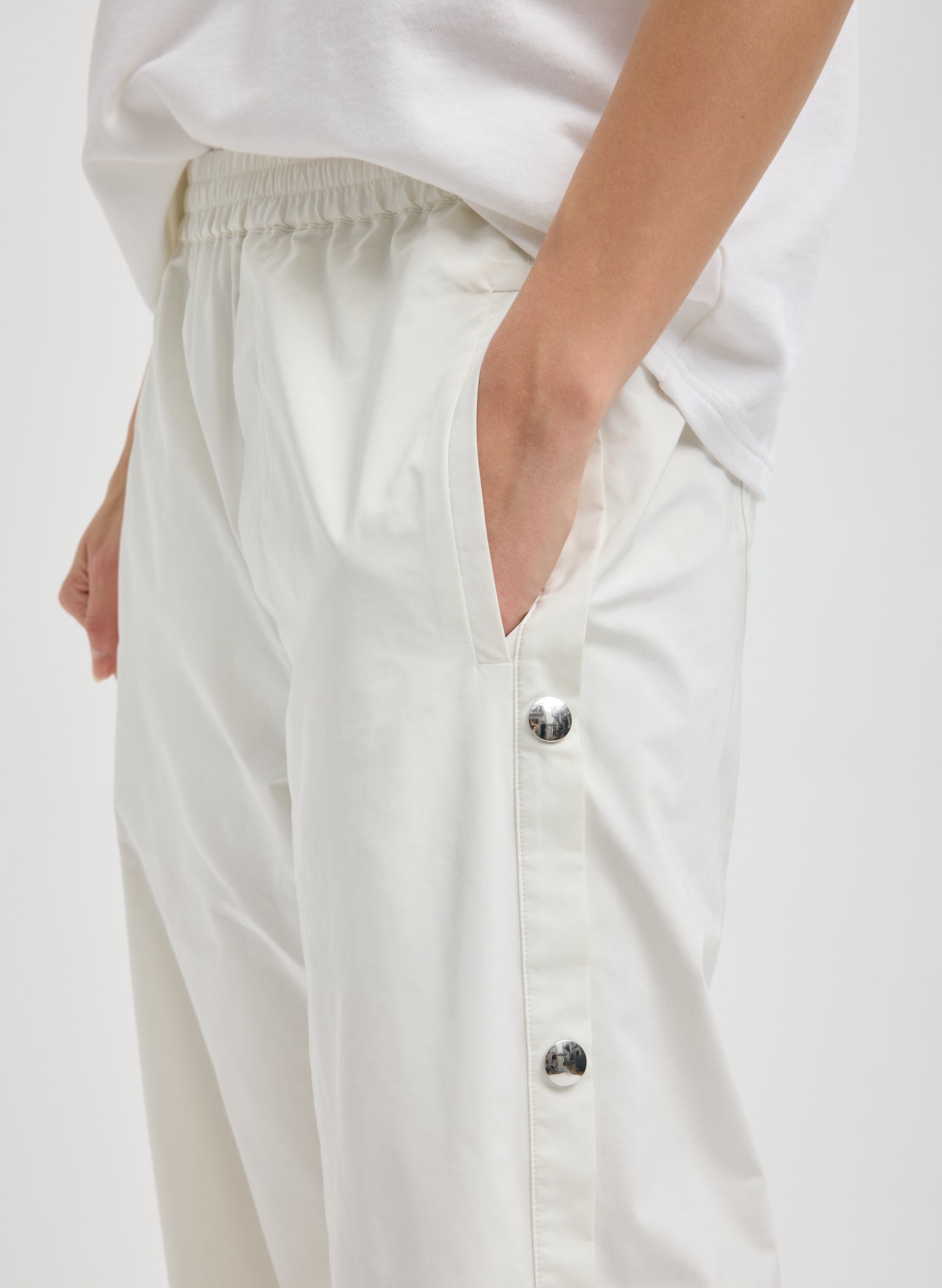 White Nylon Snap Jogger - closeup of side snap details