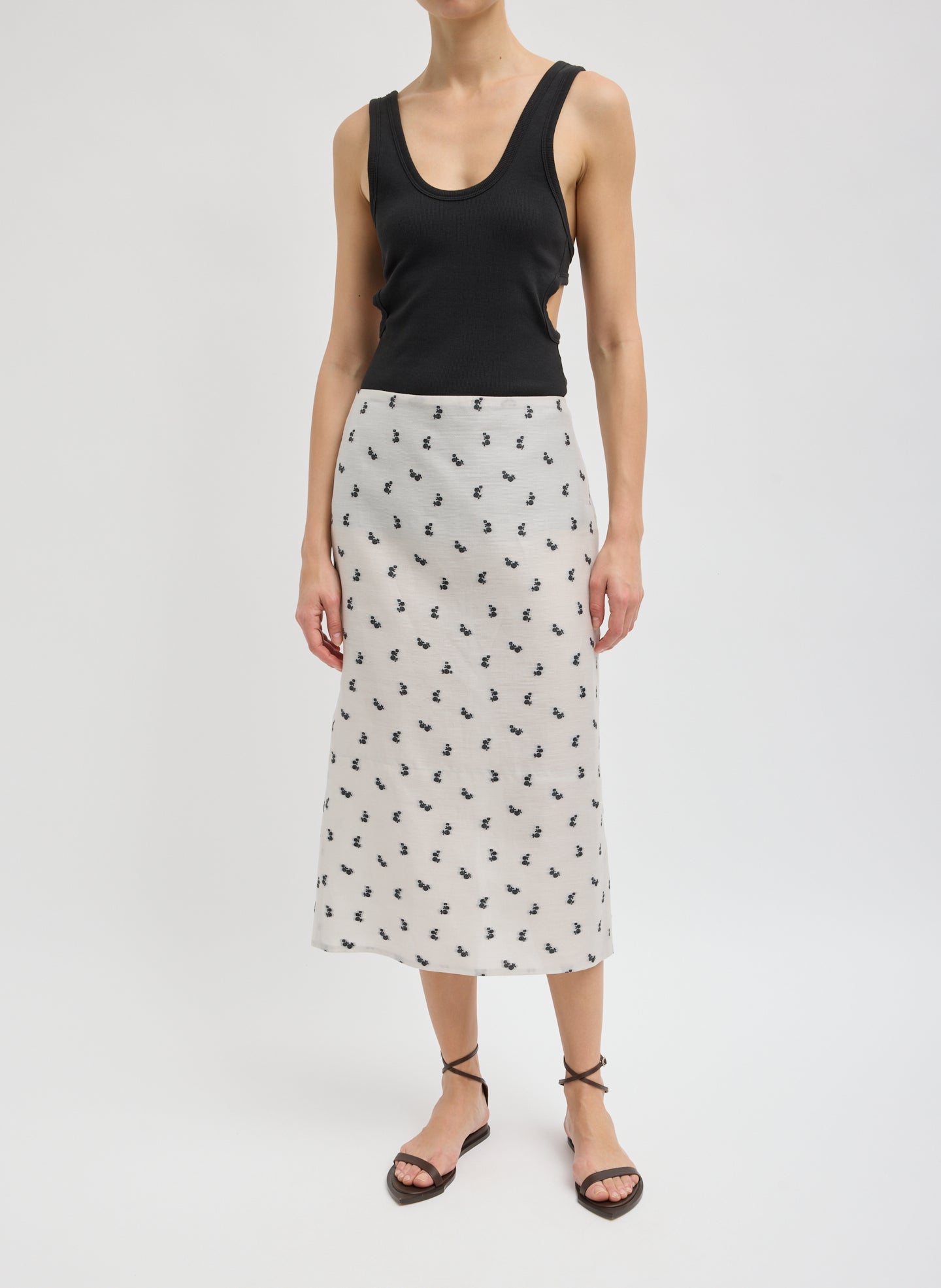 Ivory Silk Gazar Jacquard Pencil Skirt - printed midi skirt, front view on model
