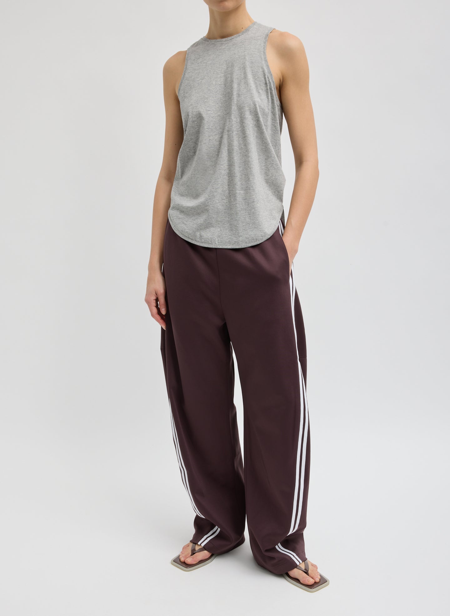 Plum Active Knit Winslow Pant - barrel leg sweat pant, front view on model