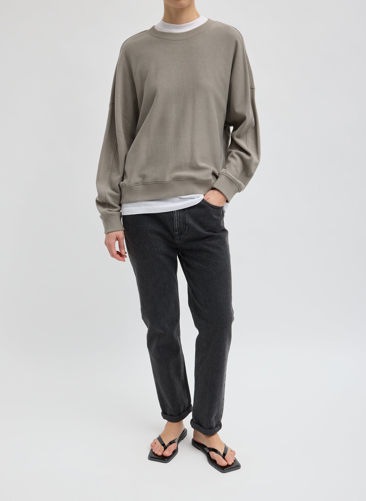 Dark Stone Light Weight Sweatshirting Crewneck Sweatshirt - full look, front view on model