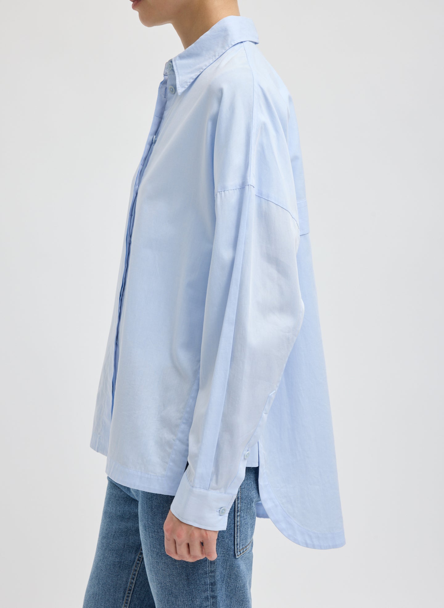 Light Blue Gabe Oversized Shirt - oversized button down, side view on model