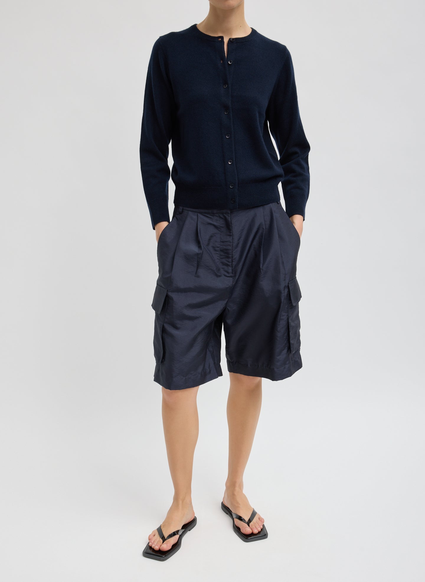 Navy Washable Cashmere Shrunken Cardigan - full look on model