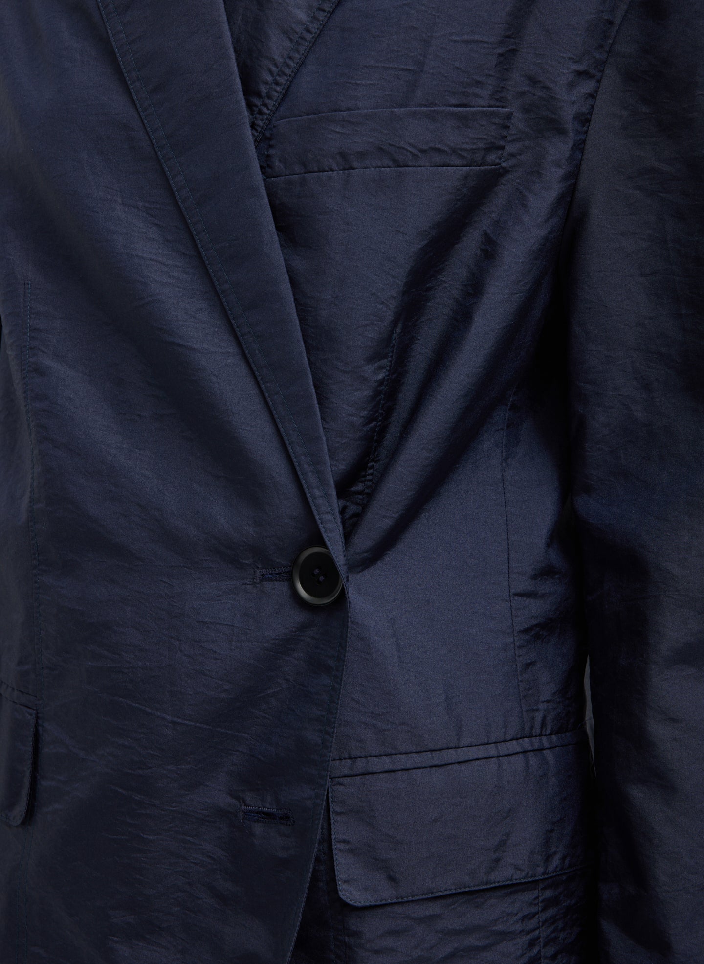 Navy Crispy Nylon Liam Blazer - closeup of front button detail
