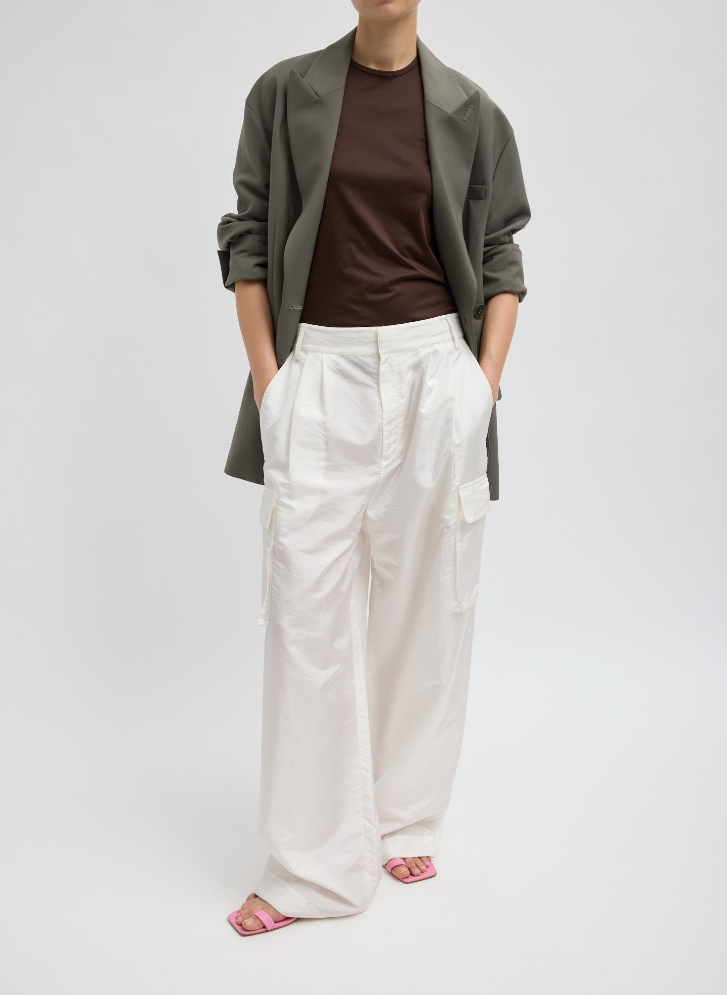 Stella Crispy Nylon Pleated Cargo Pant - White Stella Crispy Nylon Pleated Cargo Pant - front view on model