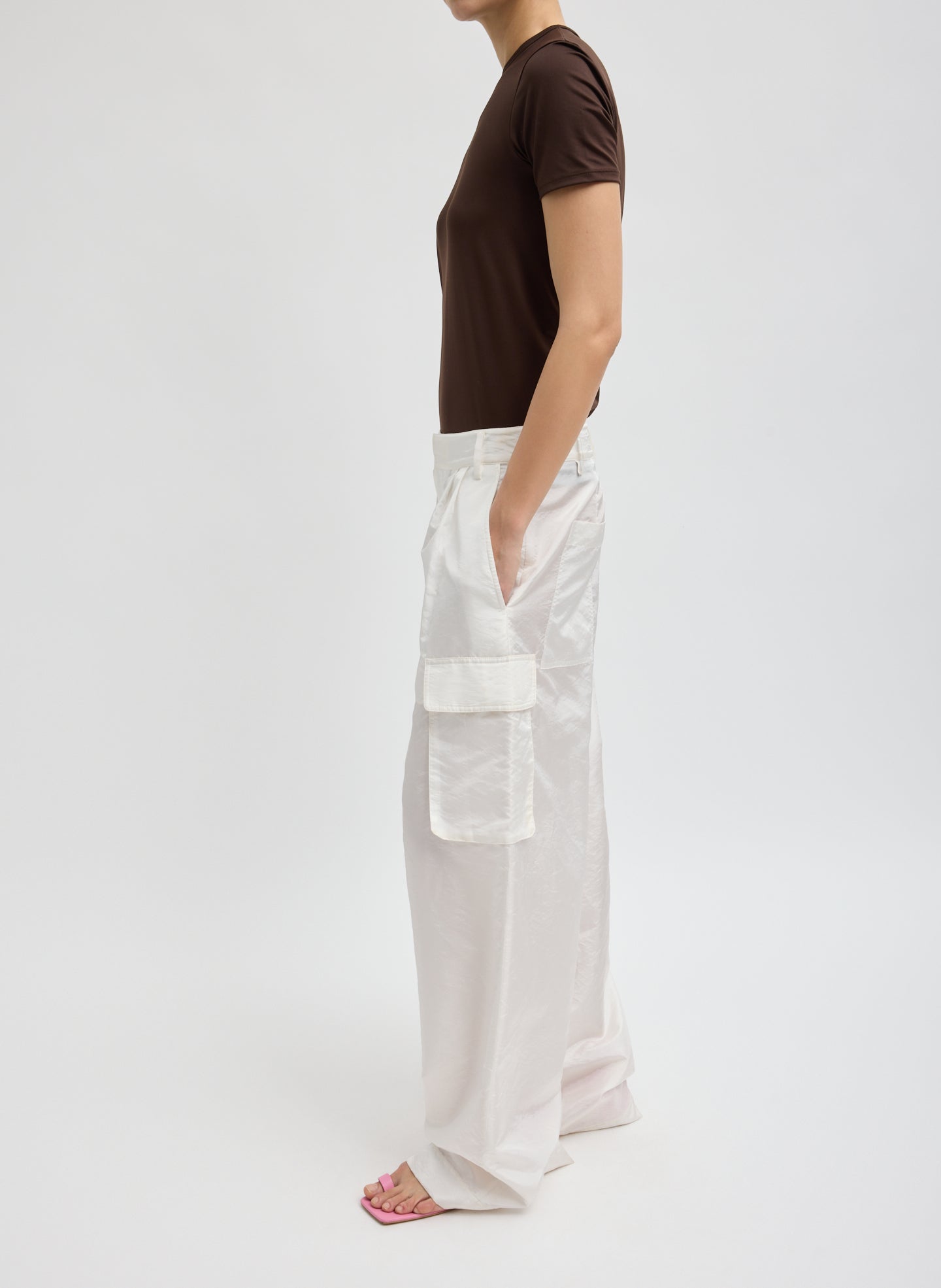 White Stella Crispy Nylon Pleated Cargo Pant - side view on model