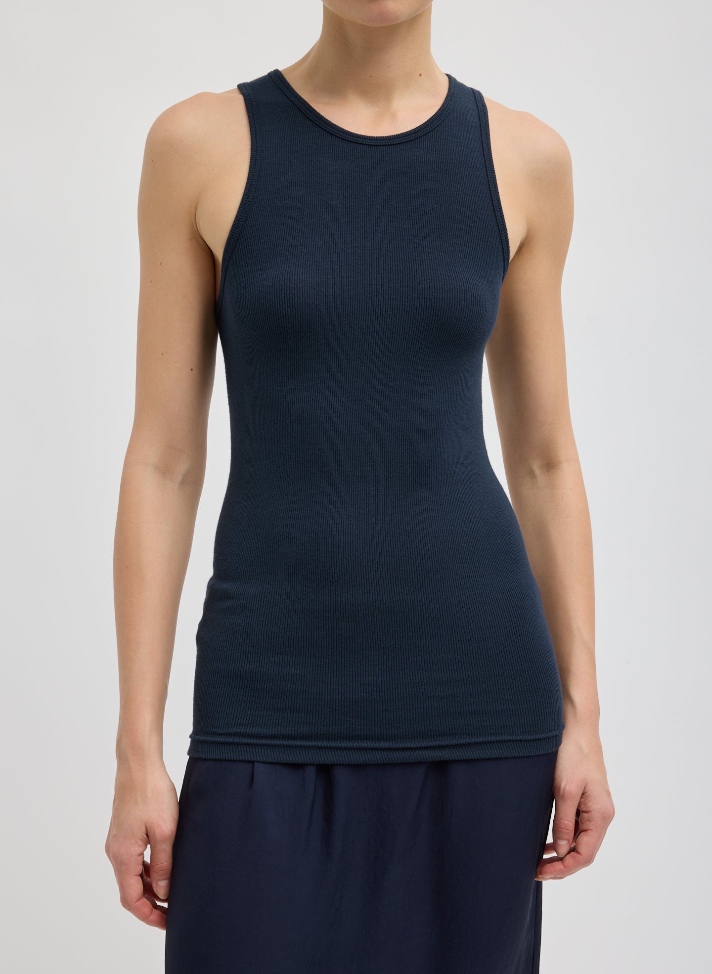 Circular Fine Rib T-Shirt Tank - Navy Circular Fine Rib T-Shirt Tank - ribbed tank top, front view on model