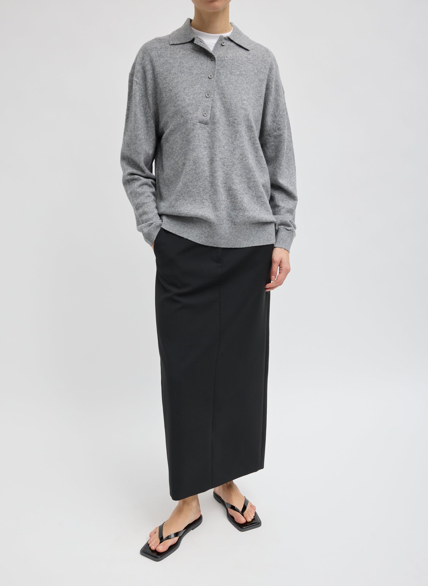 Heather Grey Washable Cashmere Easy Polo Sweater - full look, front view on model