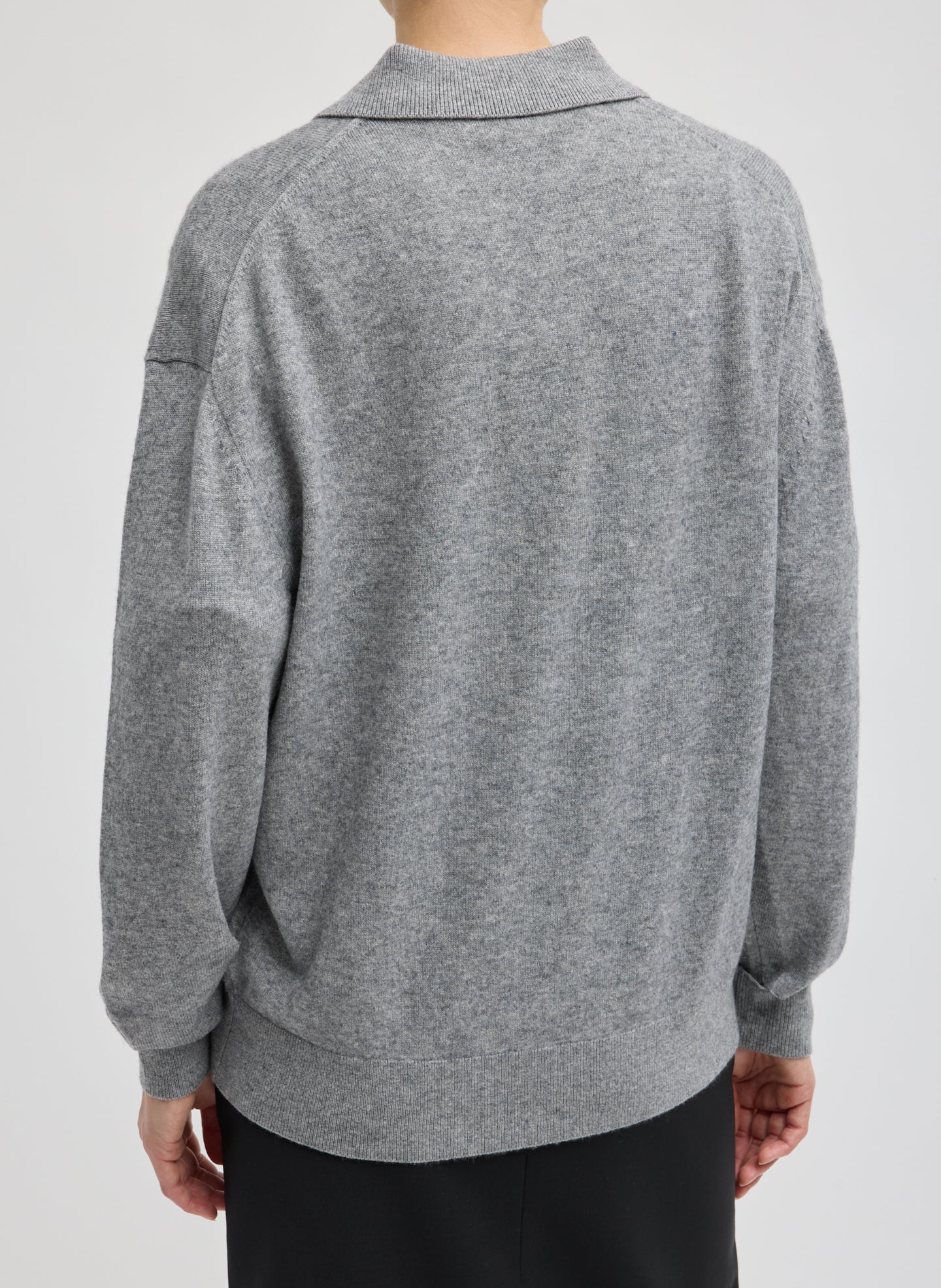 Heather Grey Washable Cashmere Easy Polo Sweater - back view on model