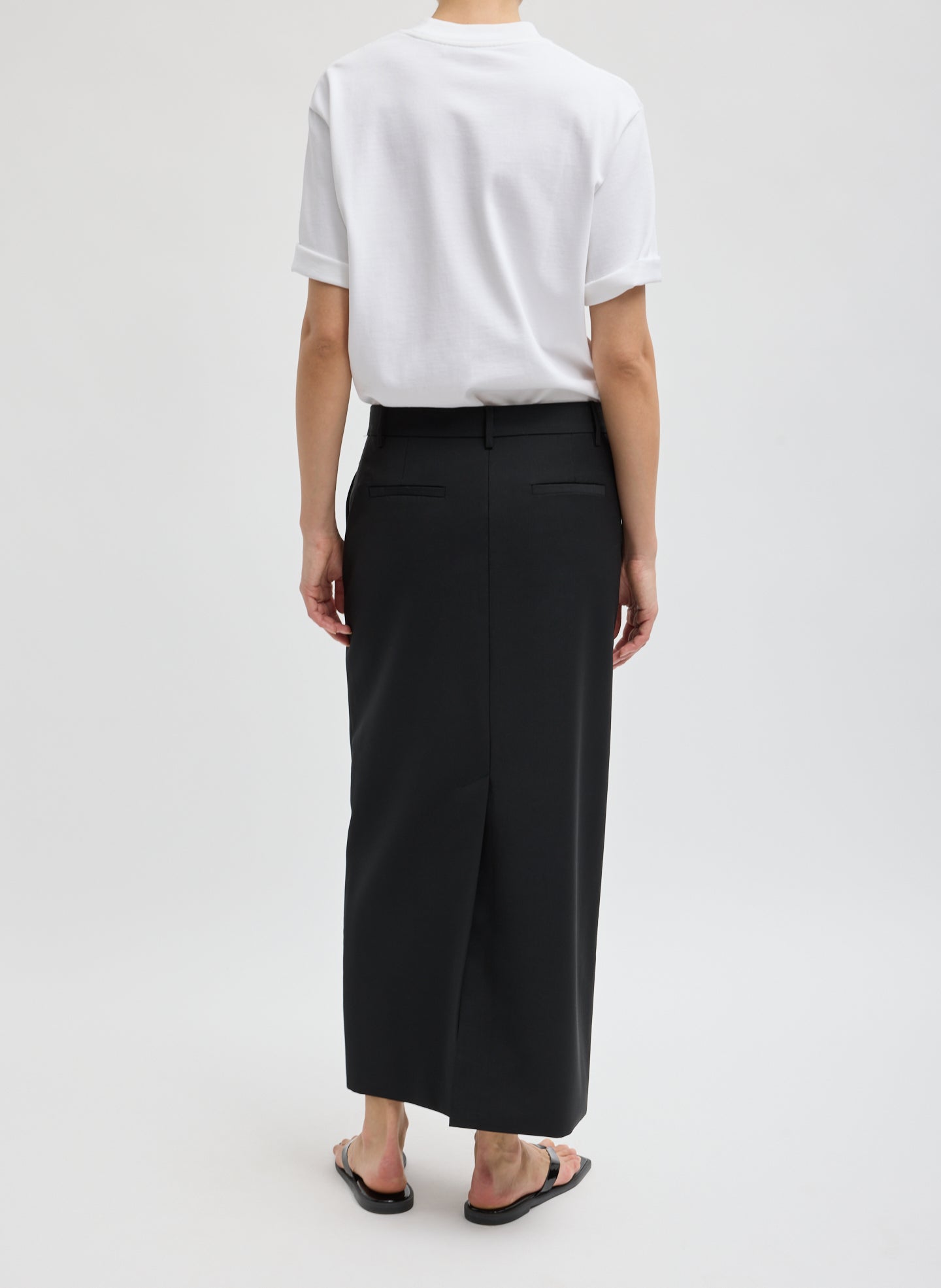 Black Tropical Wool Maxi Trouser Skirt - back view on model