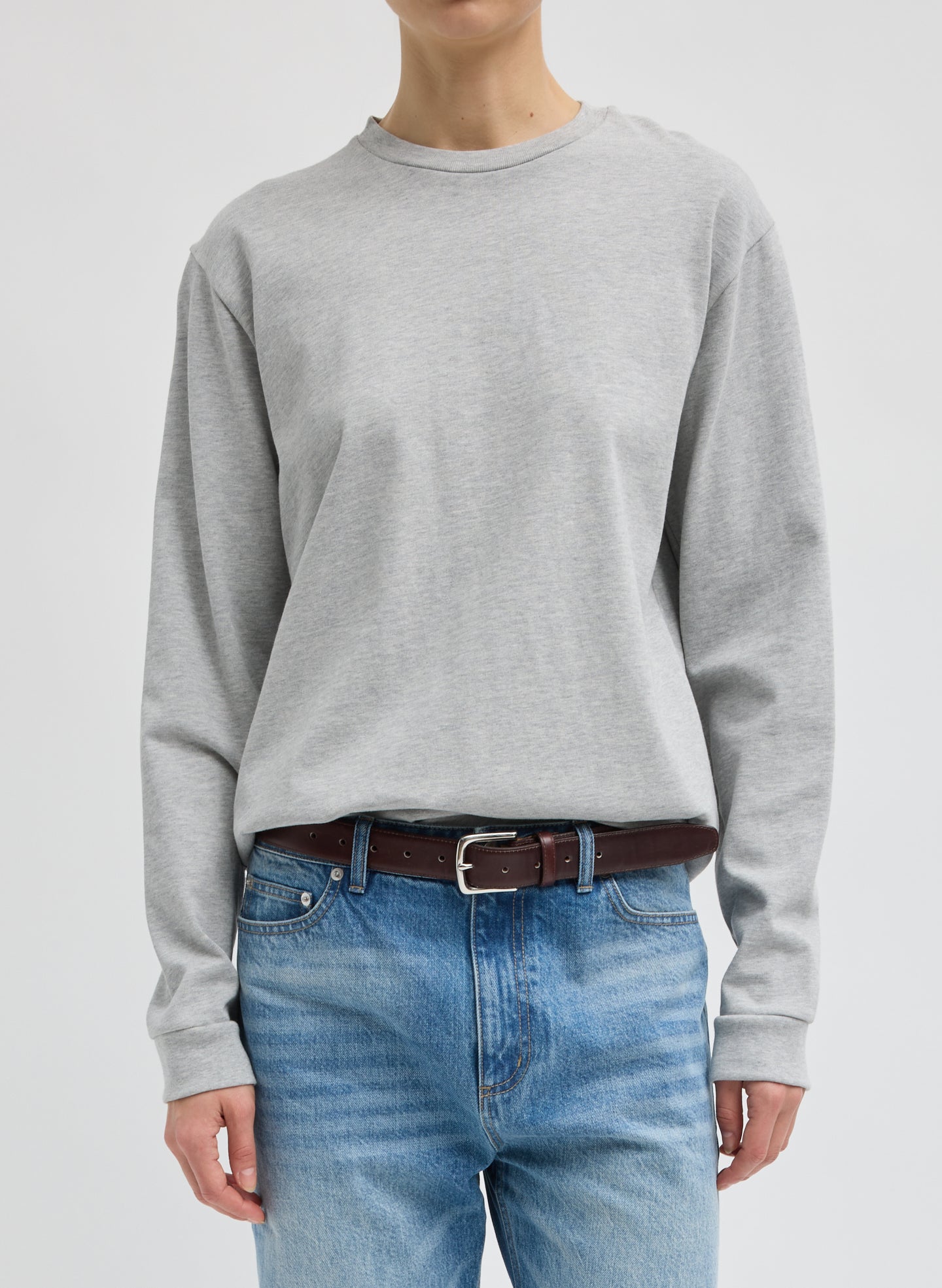 Heather Grey Perfect Unisex Long Sleeve T-Shirt - front view on model