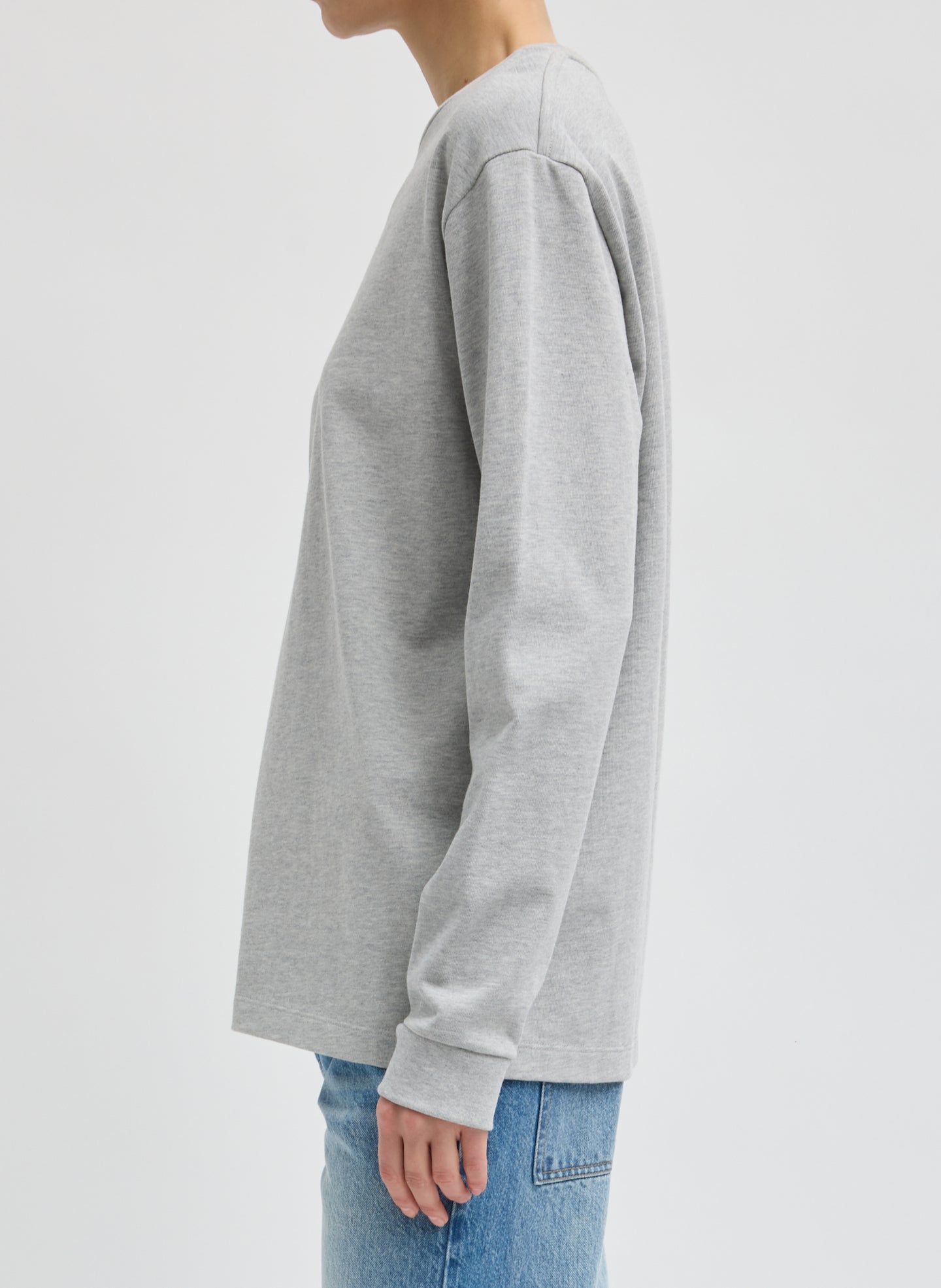 Heather Grey Perfect Unisex Long Sleeve T-Shirt - side view on model