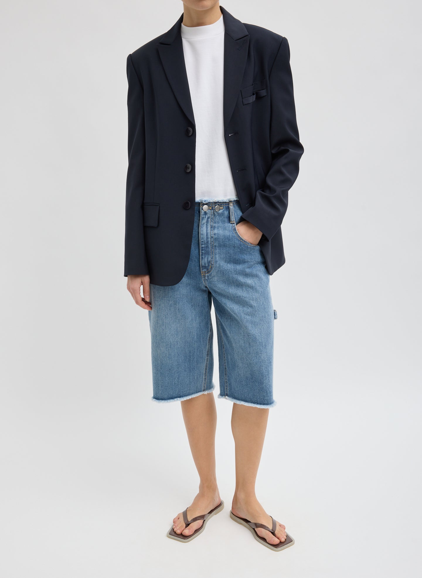 Navy Tropical Wool Dennis Cutout Blazer - full look, front view on model
