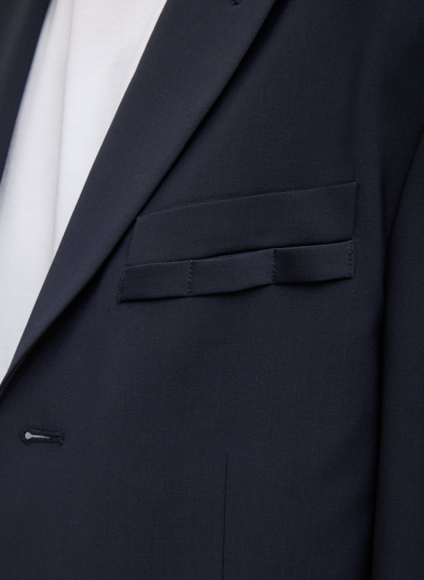 Navy Tropical Wool Dennis Cutout Blazer - closeup of front pocket