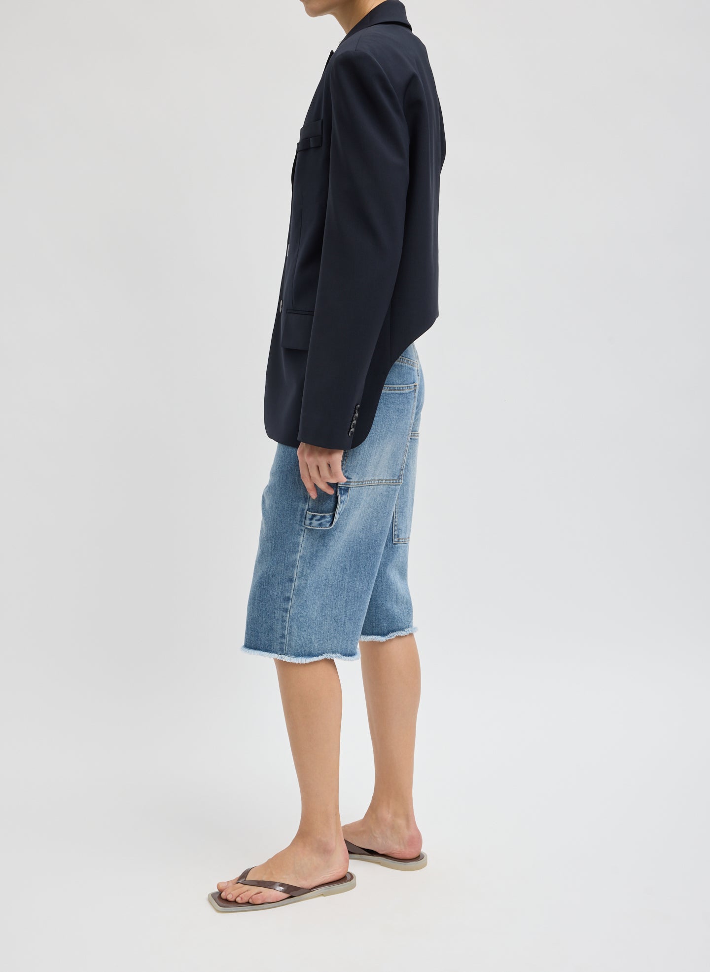 Navy Tropical Wool Dennis Cutout Blazer - full look, side view on model