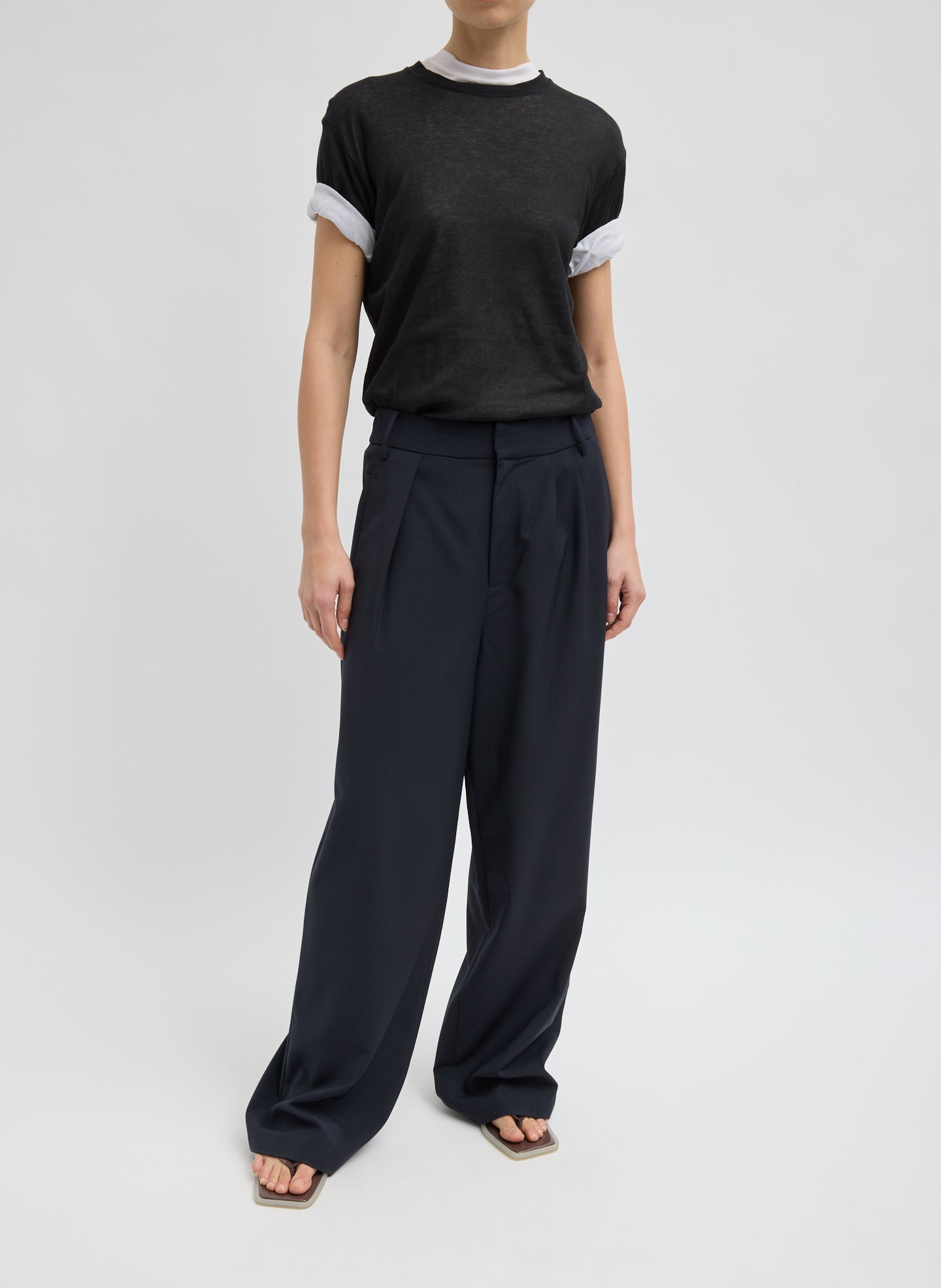 Navy Tropical Wool Stella Pant - trousers, front view on model