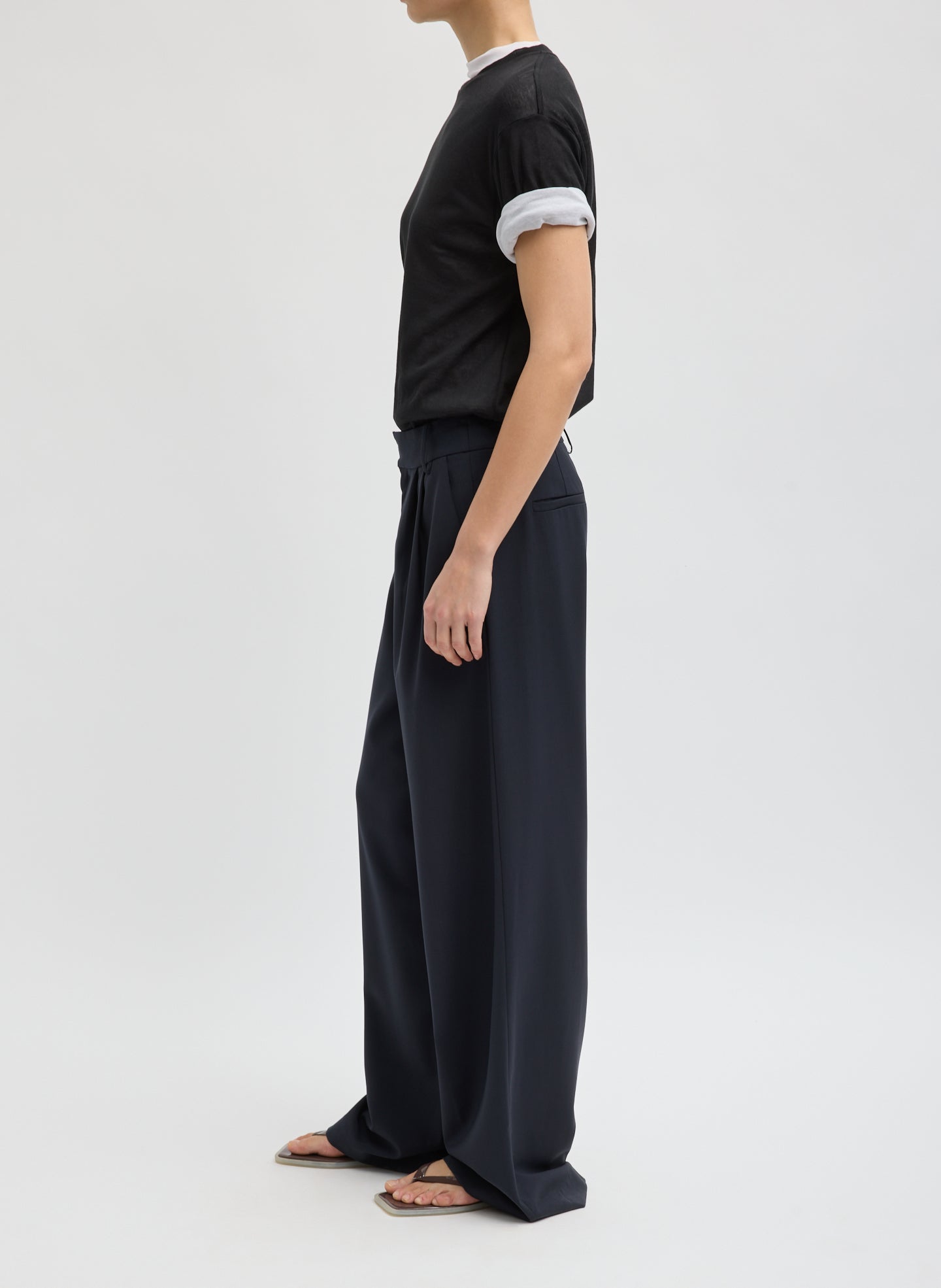 Navy Tropical Wool Stella Pant - trousers, side view on model