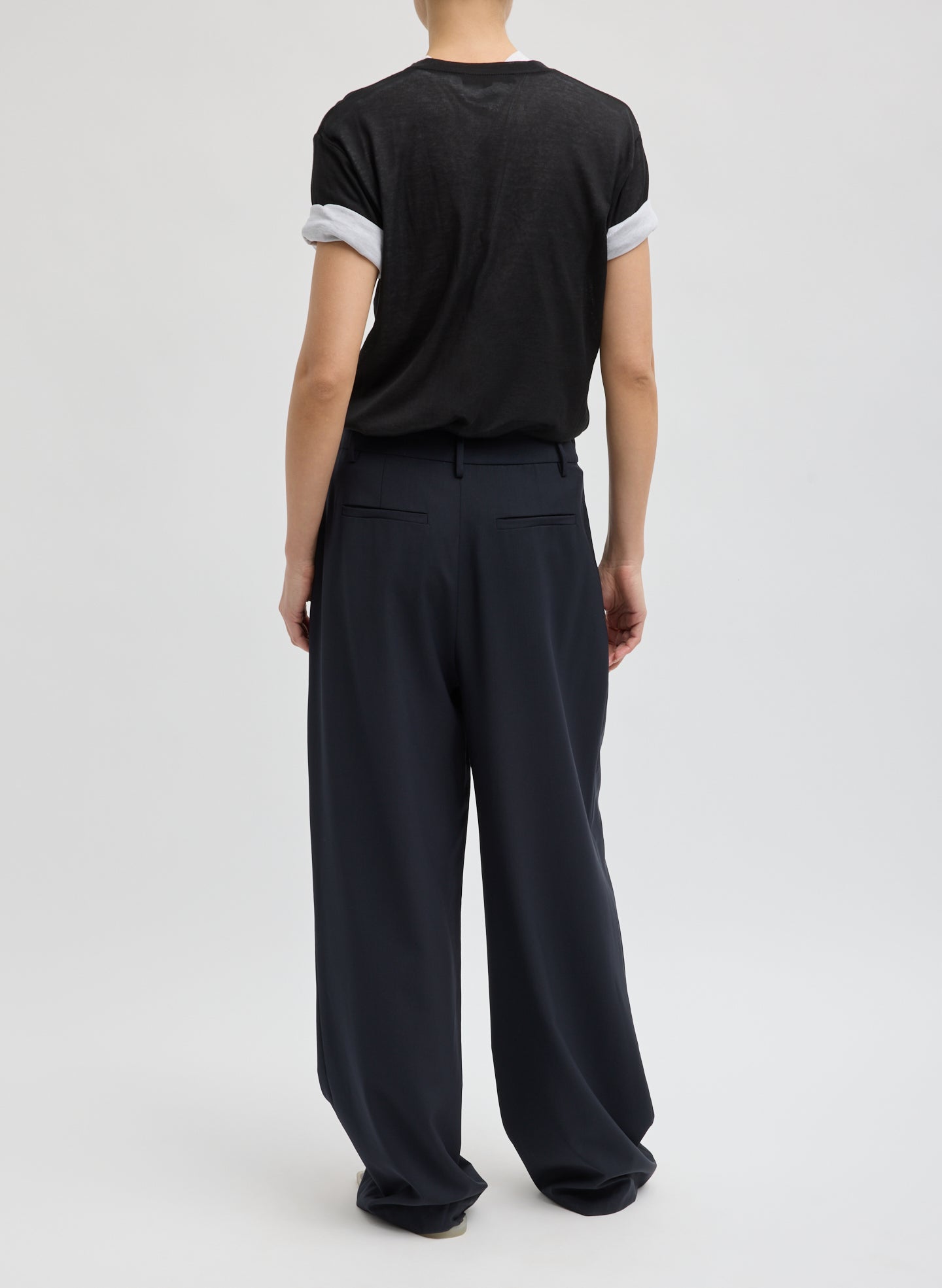 Navy Tropical Wool Stella Pant - trousers, back view on model