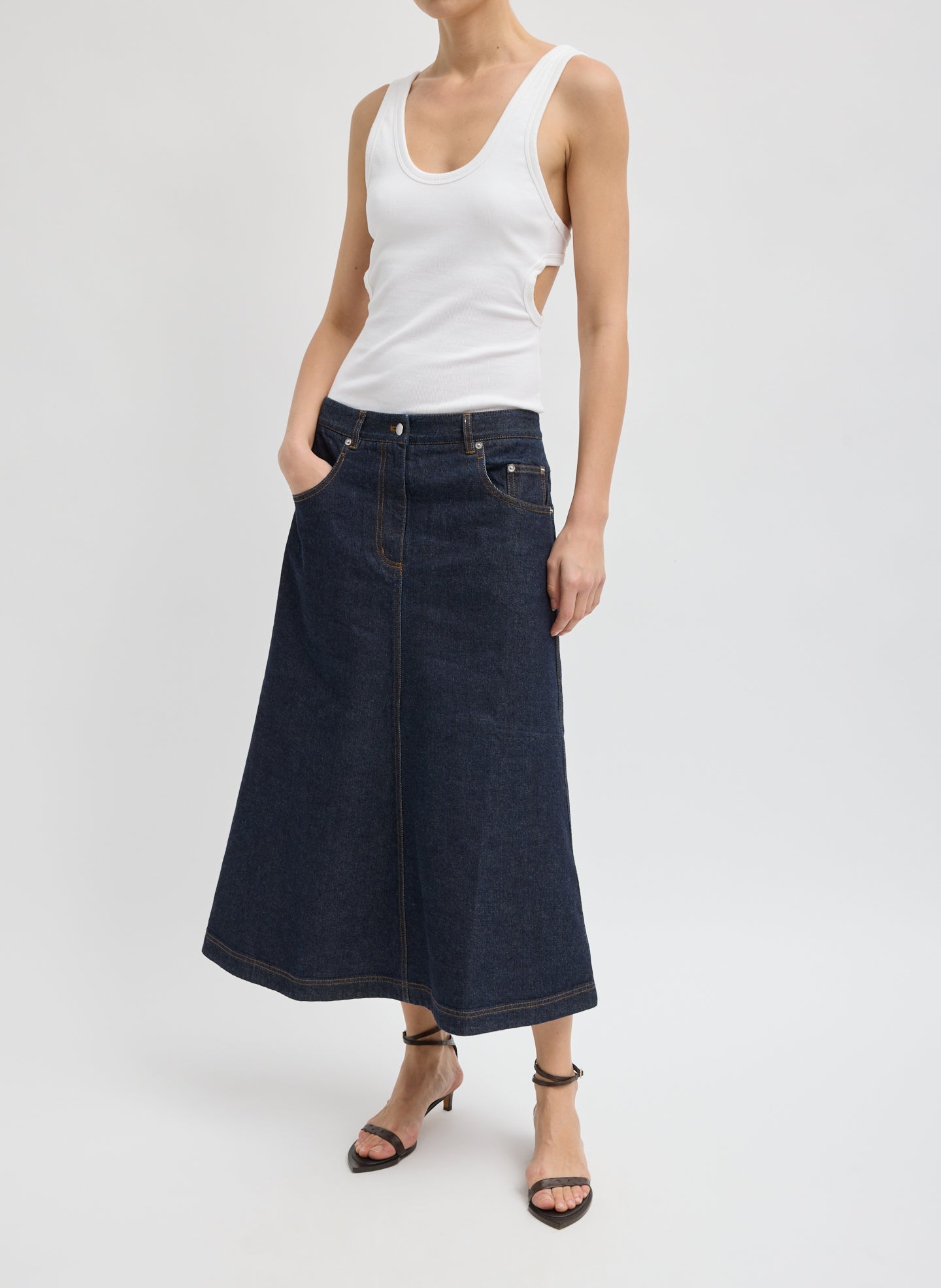 Indigo Denim Midi A-Line Skirt - front view on model