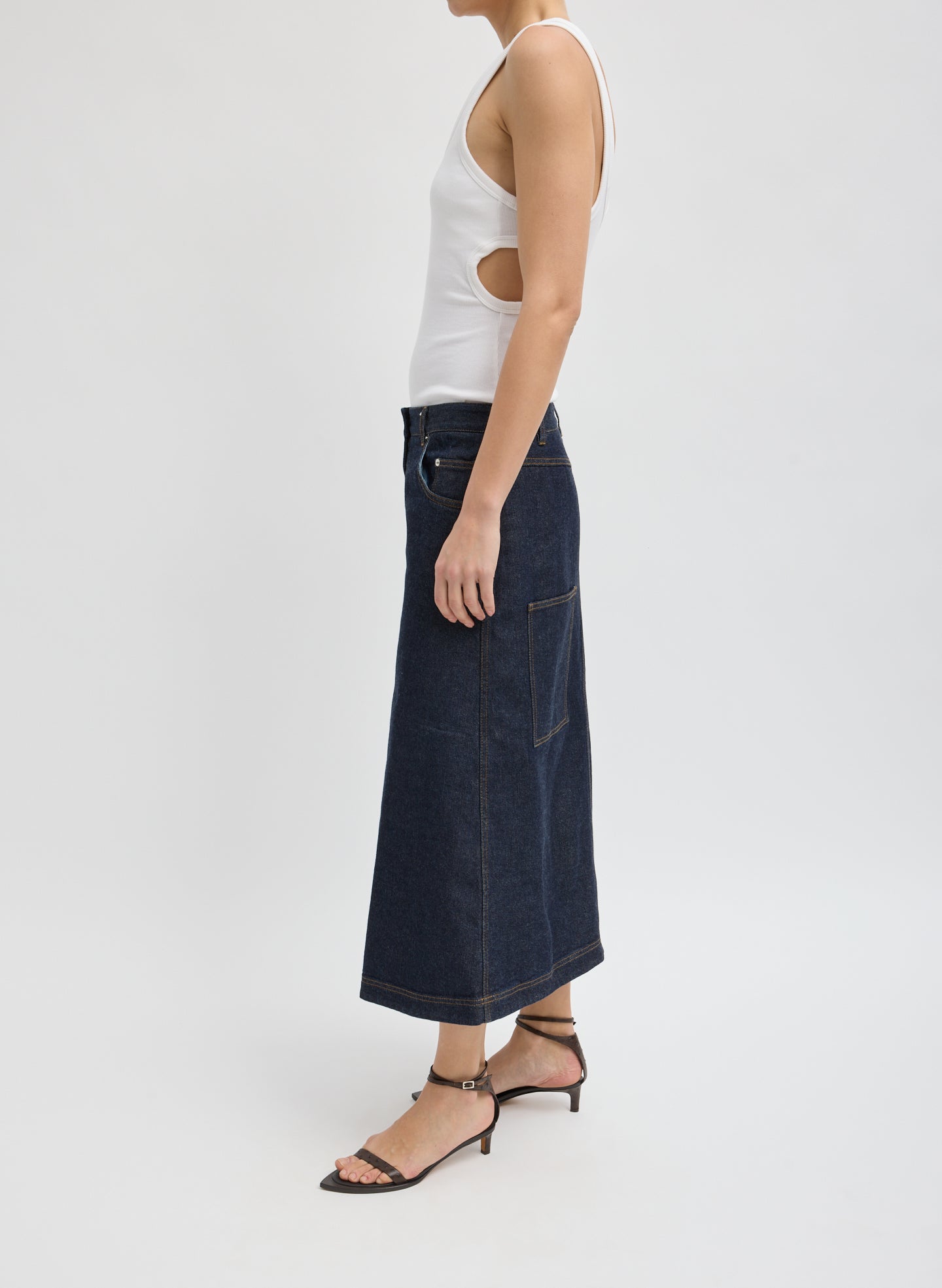 Indigo Denim Midi A-Line Skirt - side view on model
