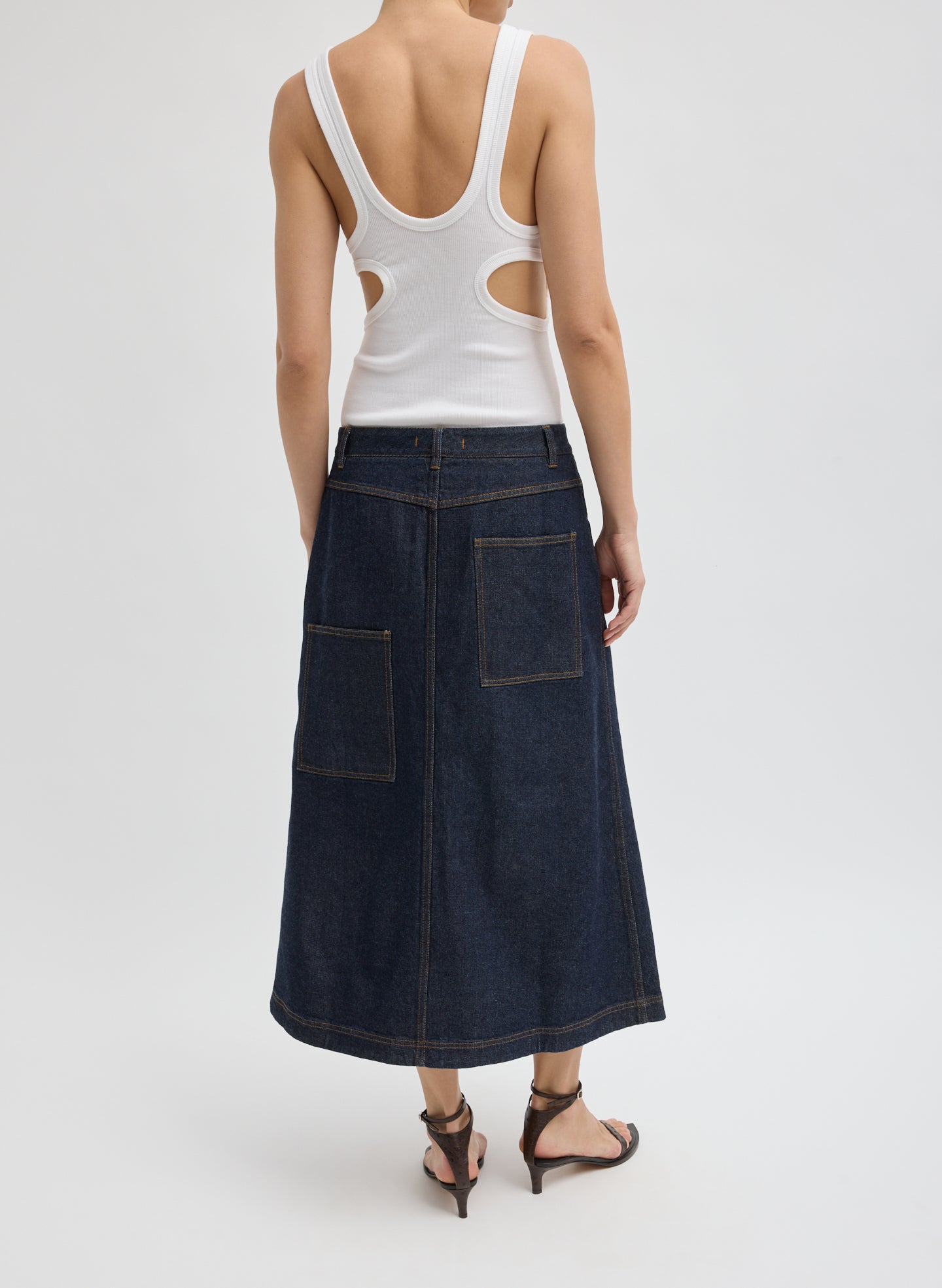 Indigo Denim Midi A-Line Skirt - back view on model