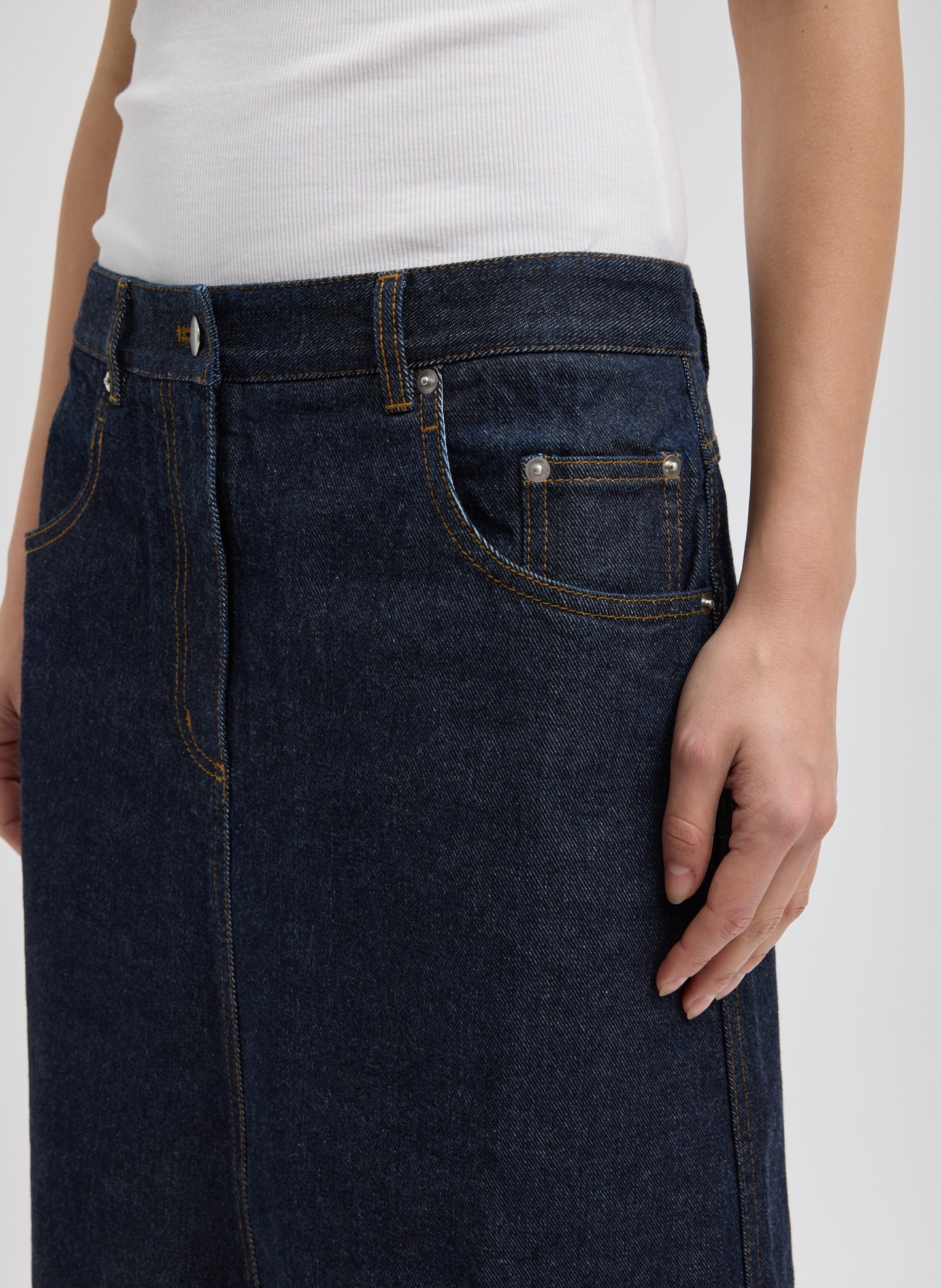Indigo Denim Midi A-Line Skirt - closeup of front pocket detail