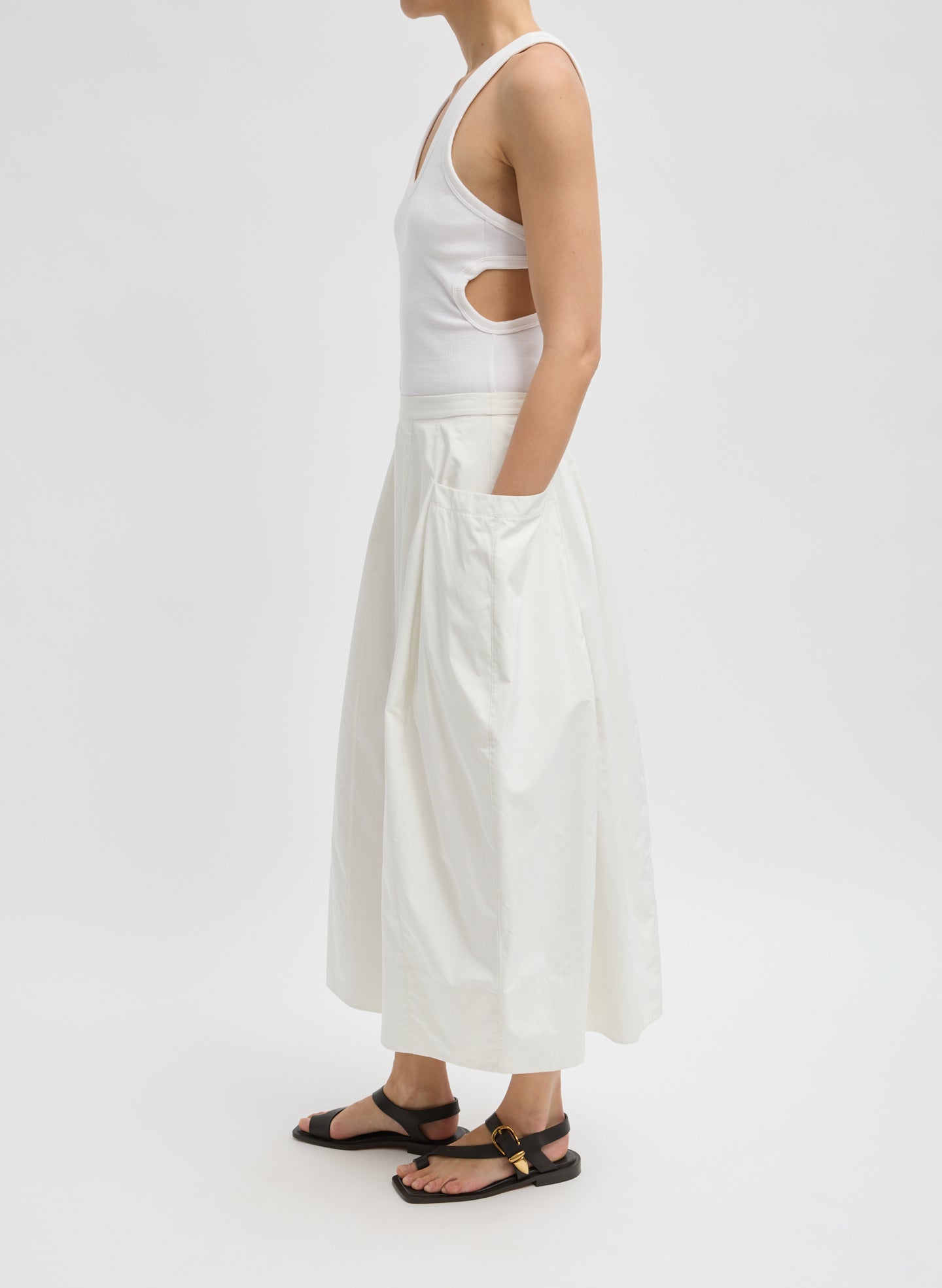 White Nylon Lantern Skirt - full look, side view on model