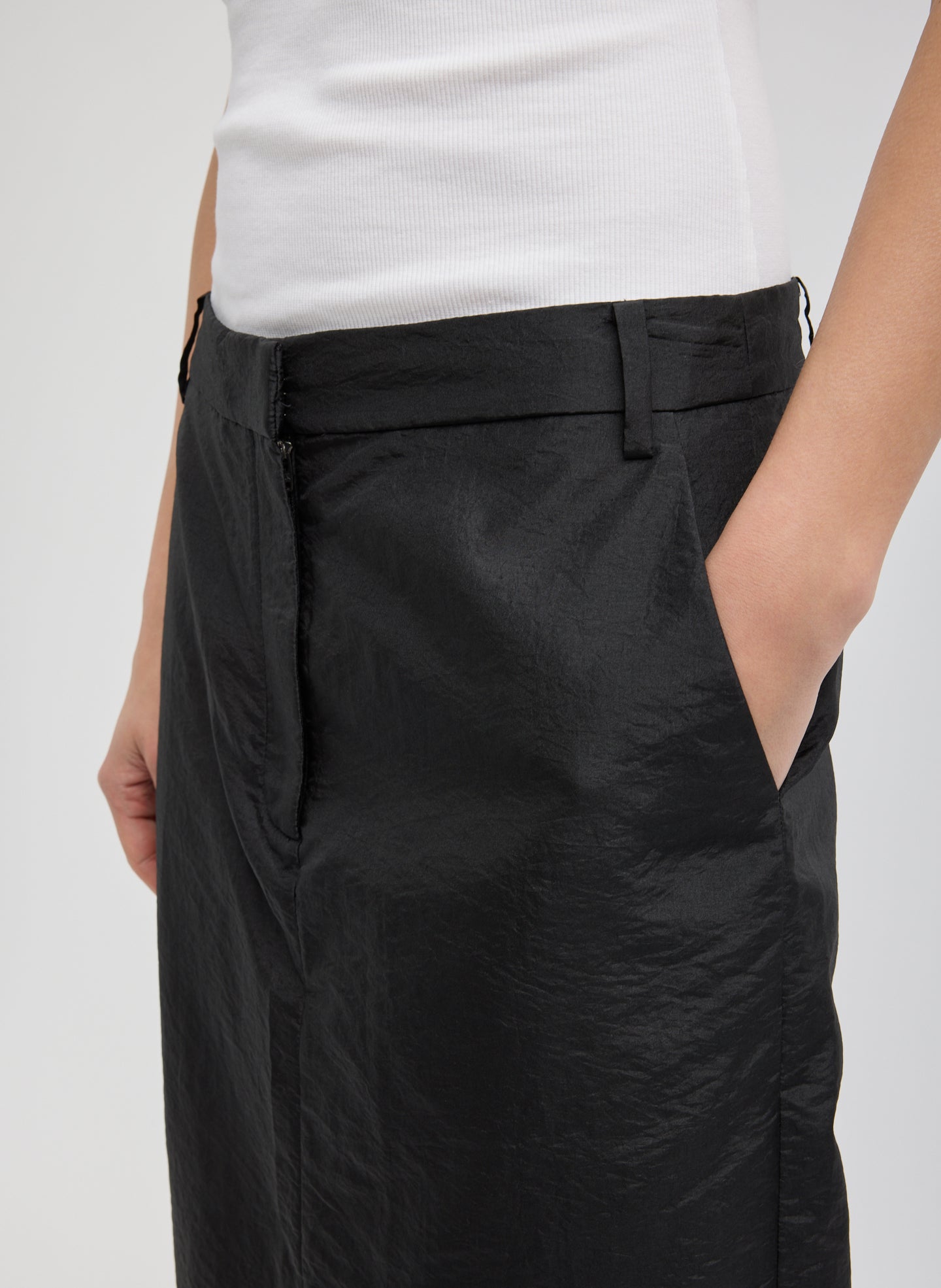 Black Crispy Nylon Maxi Skirt - closeup of pocket detail